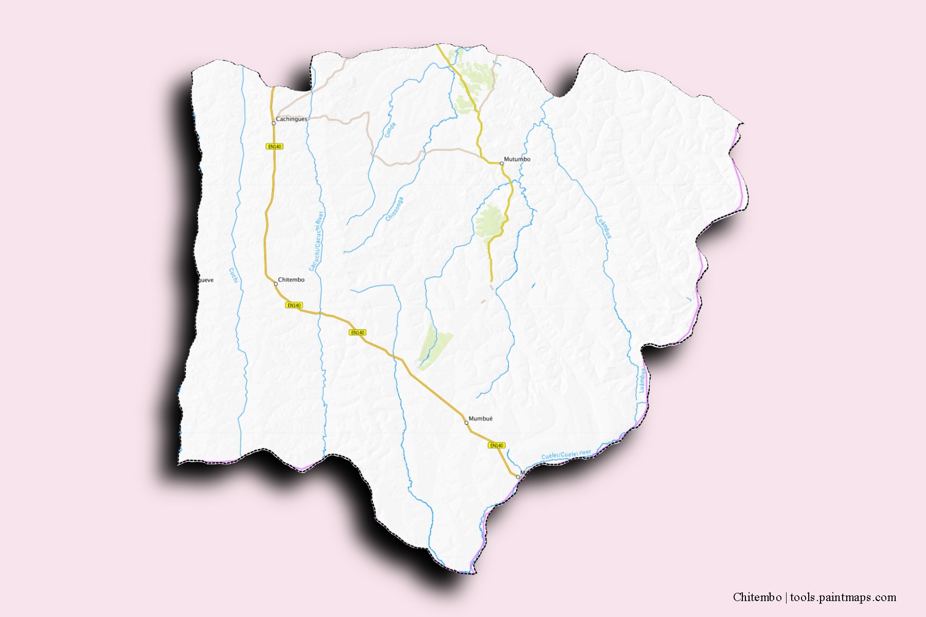 Mapa de barrios y pueblos de Chitembo con efecto de sombra 3D