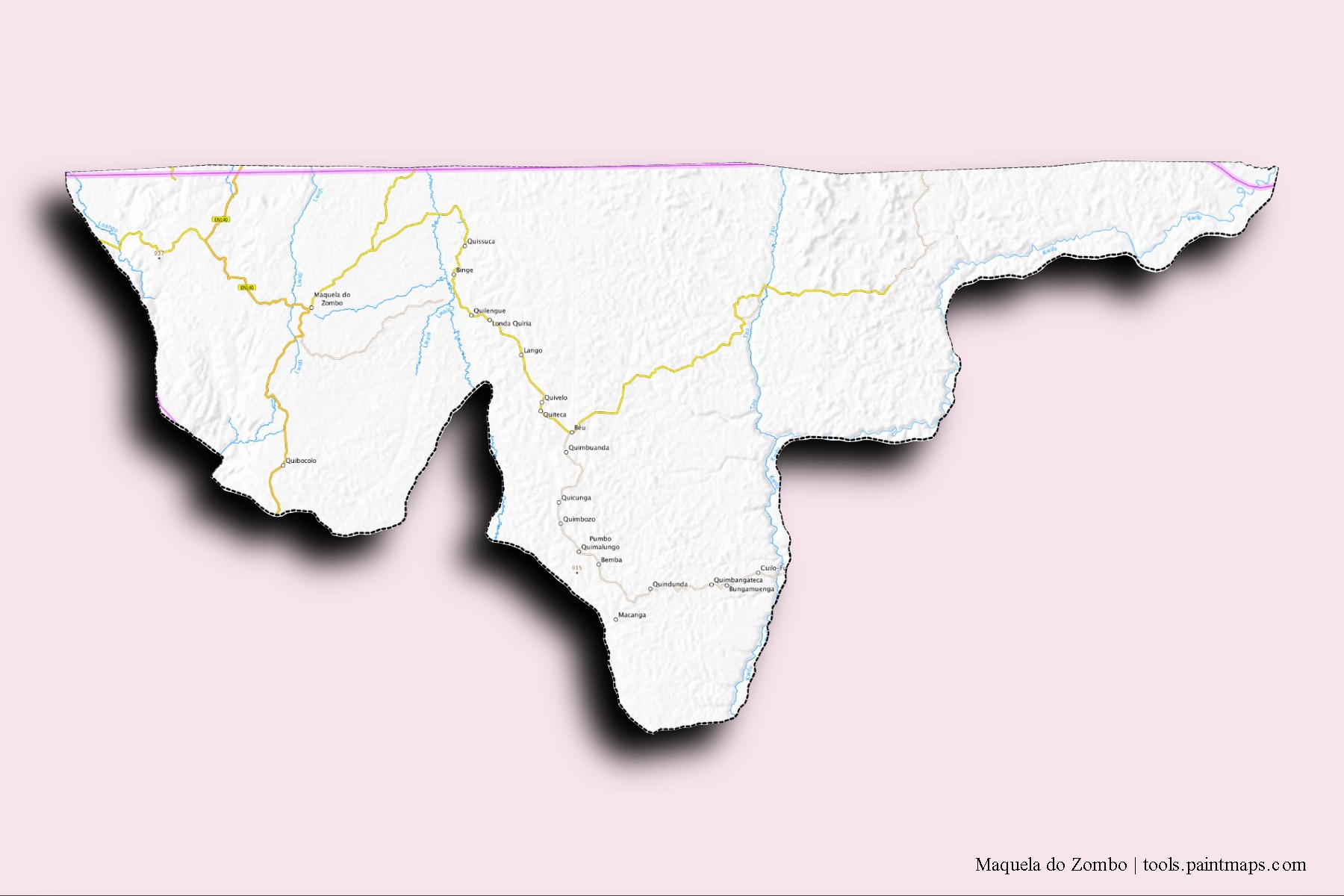 3D gölge efektli Maquela do Zombo mahalleleri ve köyleri haritası