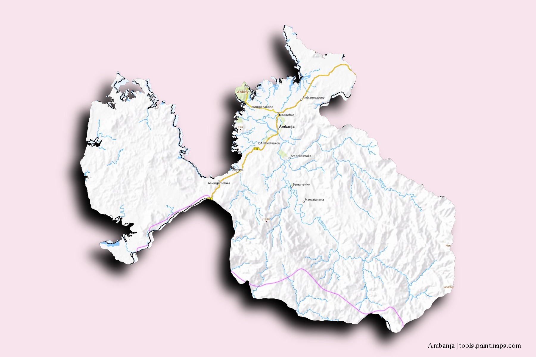 Ambanja neighborhoods and villages map with 3D shadow effect