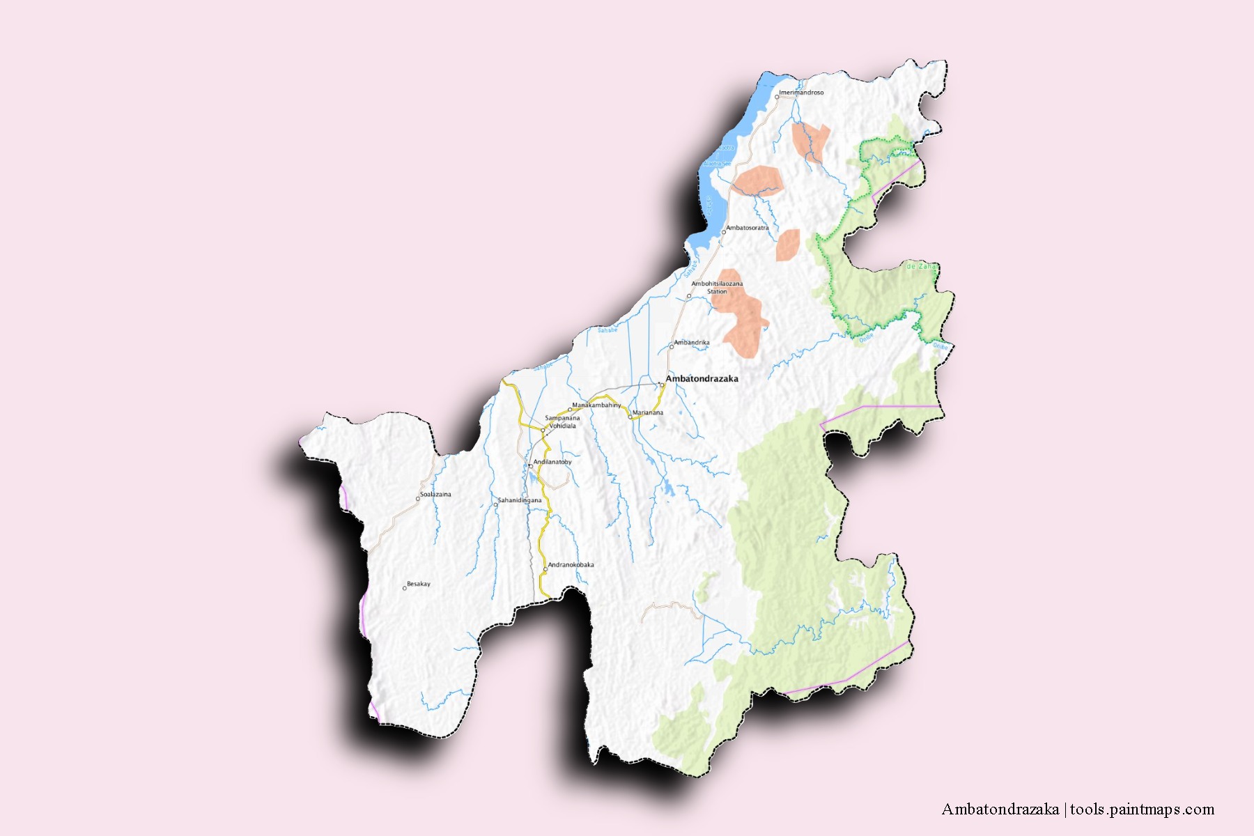 Ambatondrazaka neighborhoods and villages map with 3D shadow effect