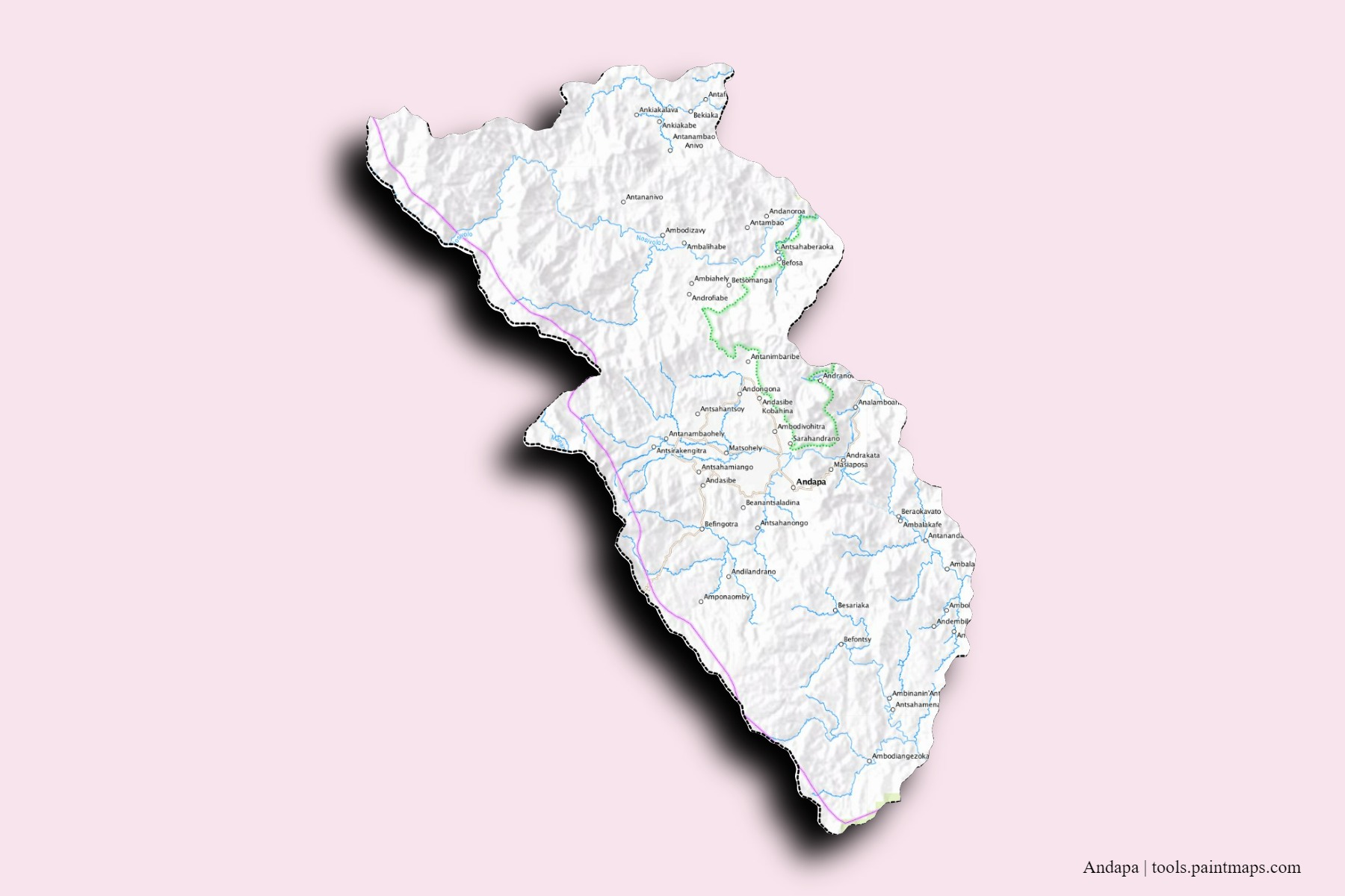 Mapa de barrios y pueblos de Andapa con efecto de sombra 3D