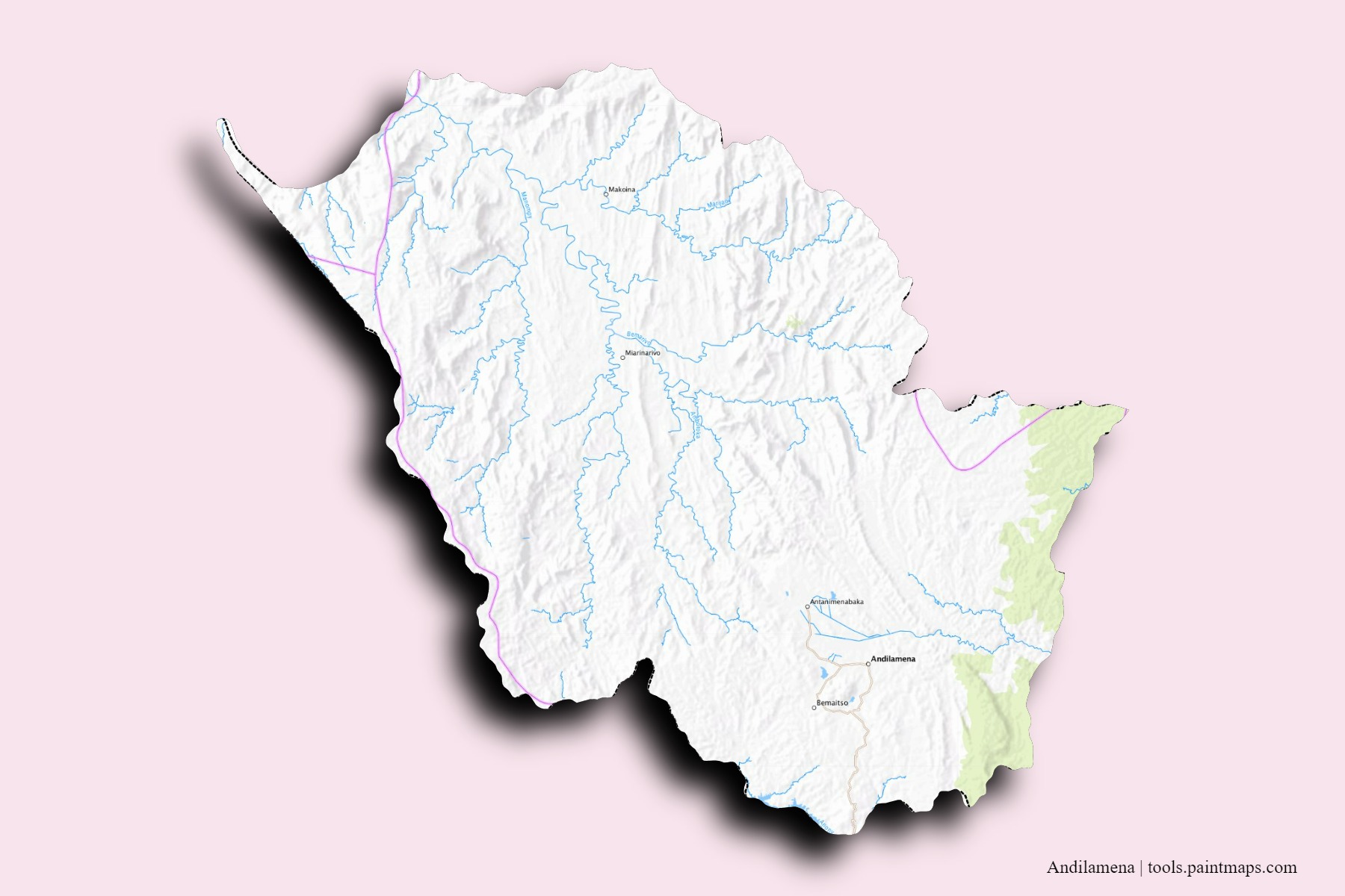 Mapa de barrios y pueblos de Andilamena con efecto de sombra 3D