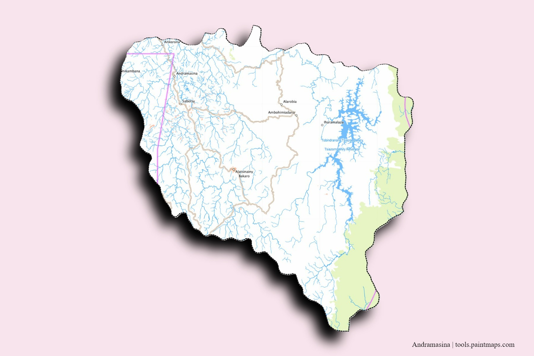 Mapa de barrios y pueblos de Andramasina con efecto de sombra 3D