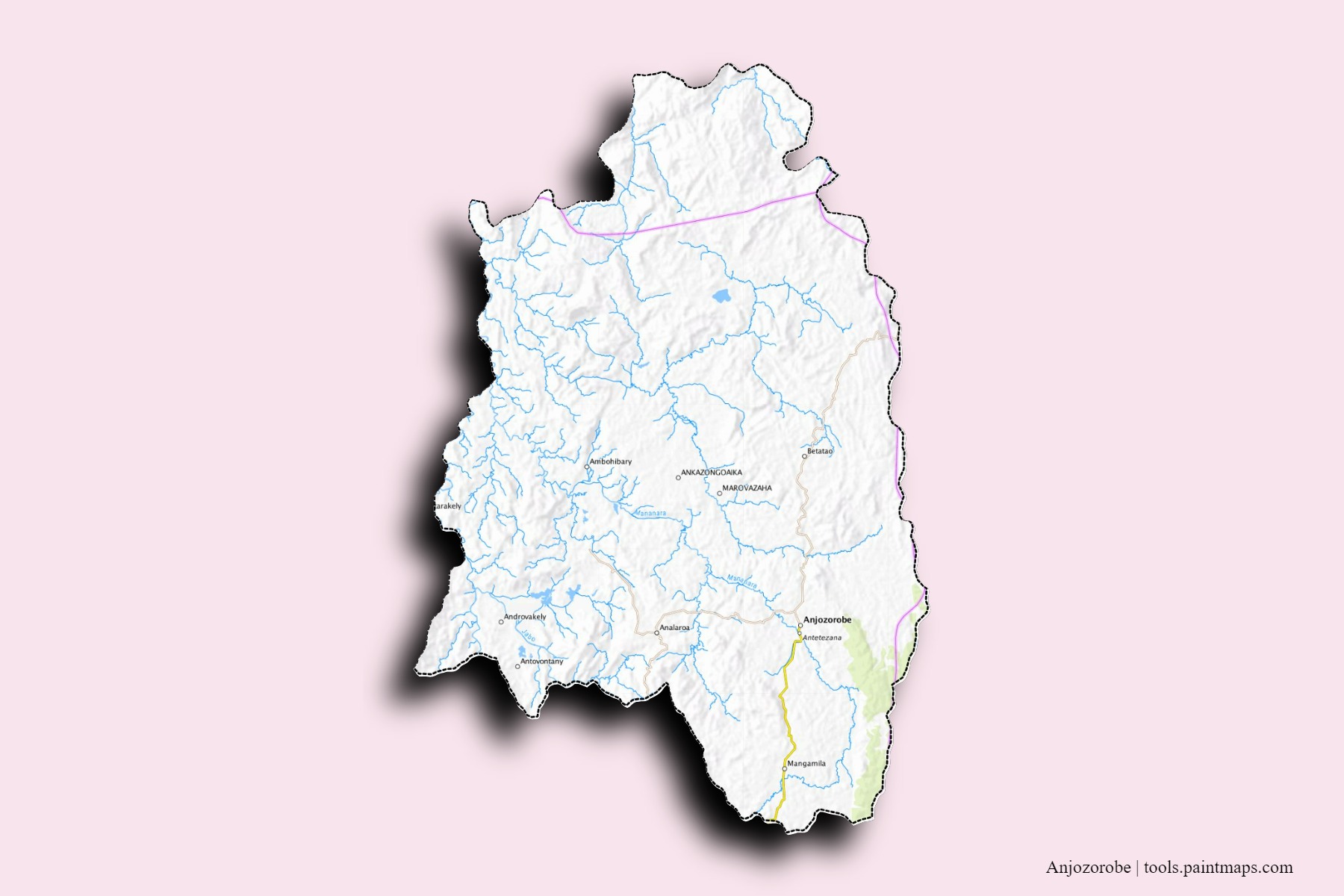 Mapa de barrios y pueblos de Anjozorobe con efecto de sombra 3D