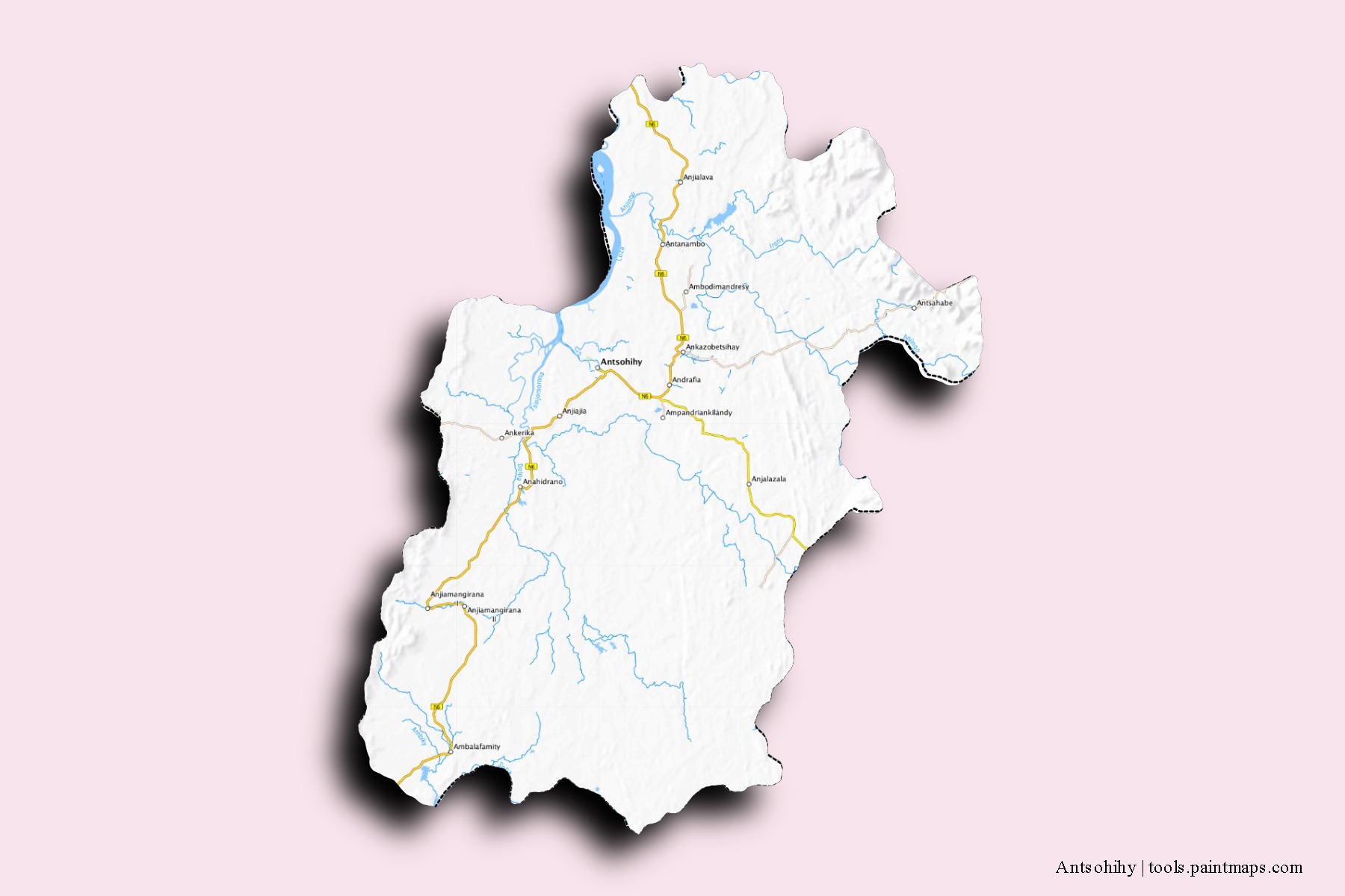 Mapa de barrios y pueblos de Antsohihy con efecto de sombra 3D