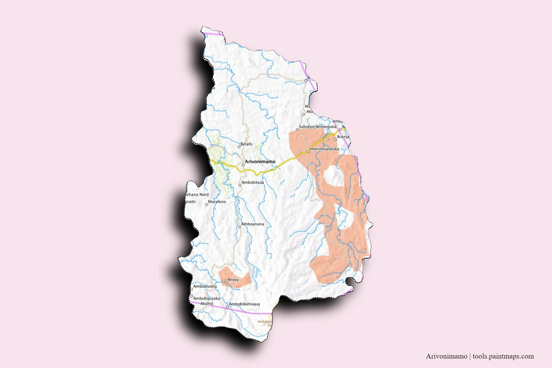 3D gölge efektli Arivonimamo mahalleleri ve köyleri haritası