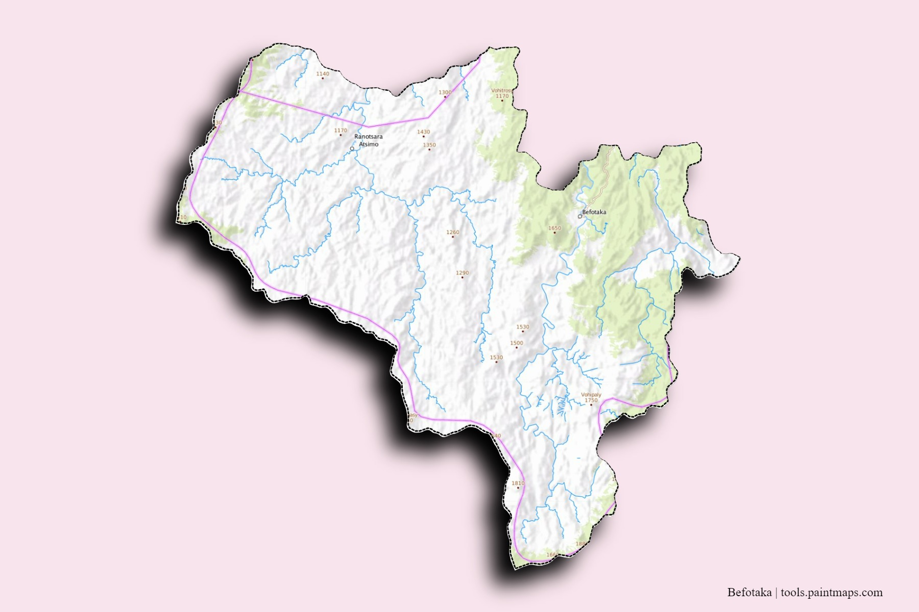 Befotaka neighborhoods and villages map with 3D shadow effect