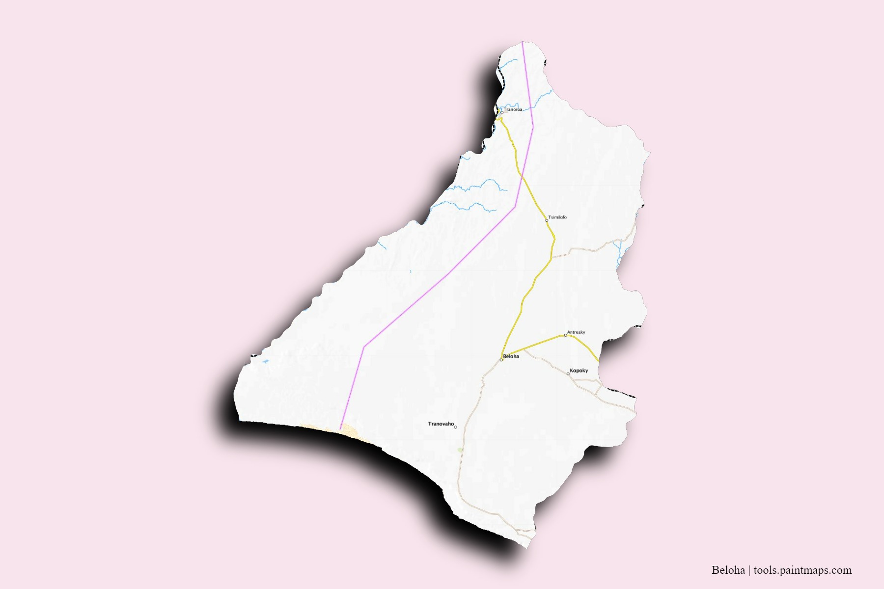 Mapa de barrios y pueblos de Beloha con efecto de sombra 3D