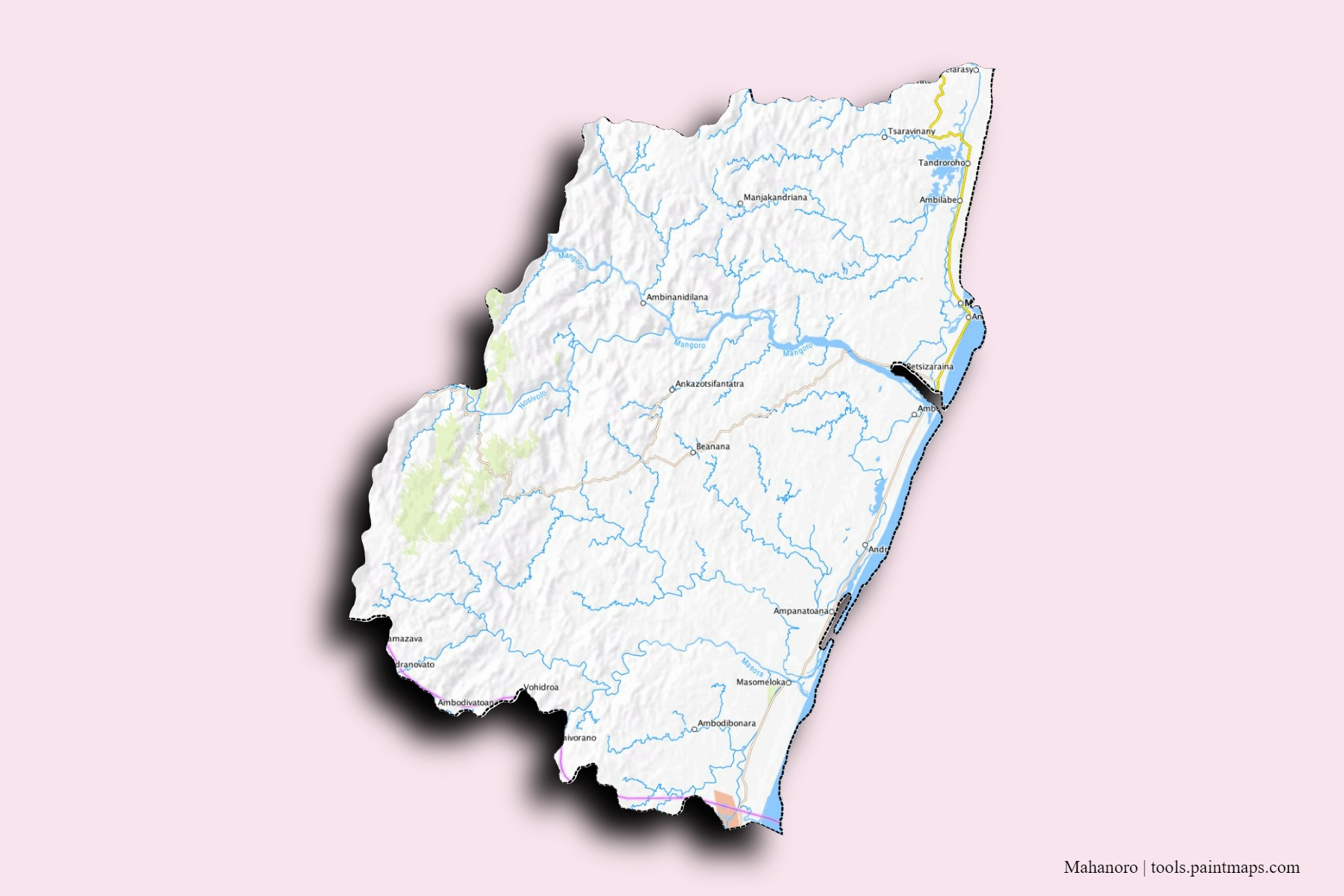 Mapa de barrios y pueblos de Mahanoro con efecto de sombra 3D