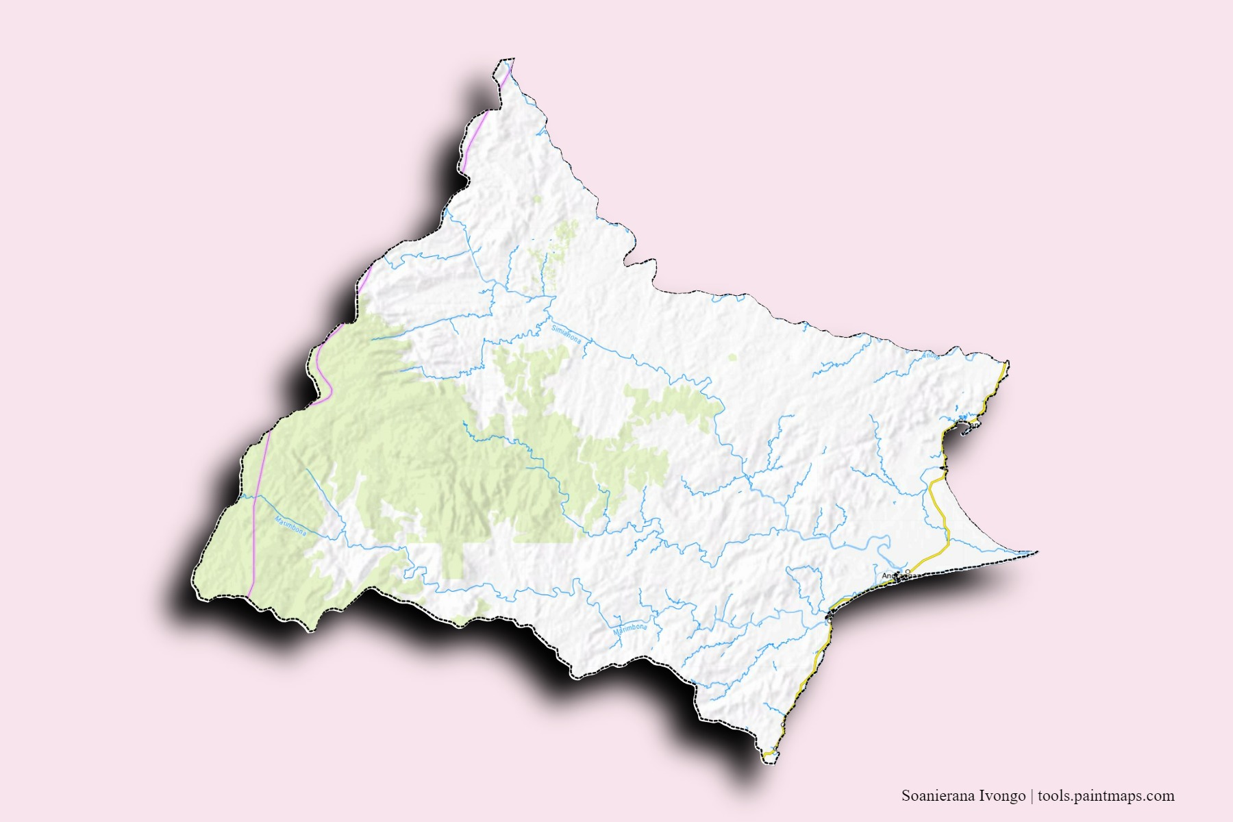 Soanierana Ivongo neighborhoods and villages map with 3D shadow effect