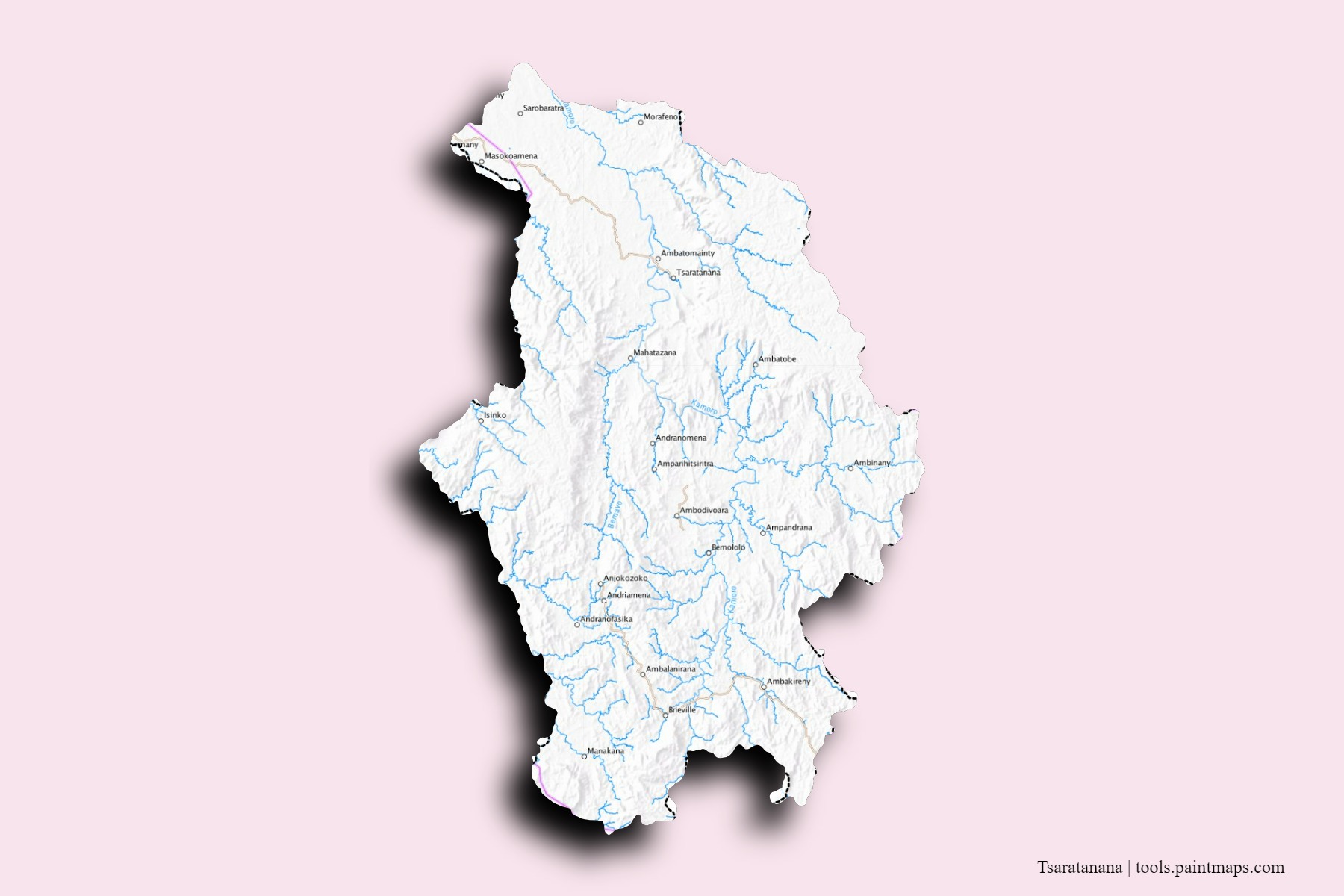 Mapa de barrios y pueblos de Tsaratanana con efecto de sombra 3D