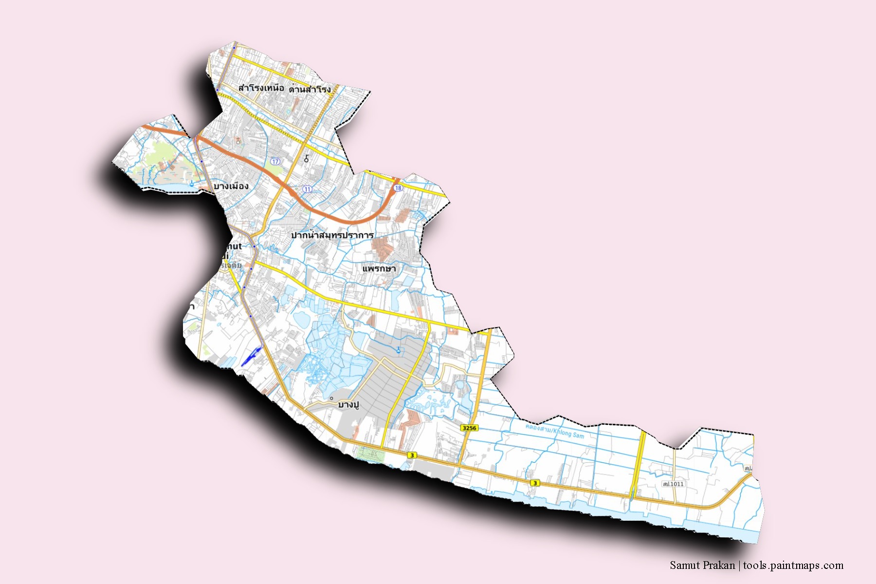 Samut Prakan neighborhoods and villages map with 3D shadow effect