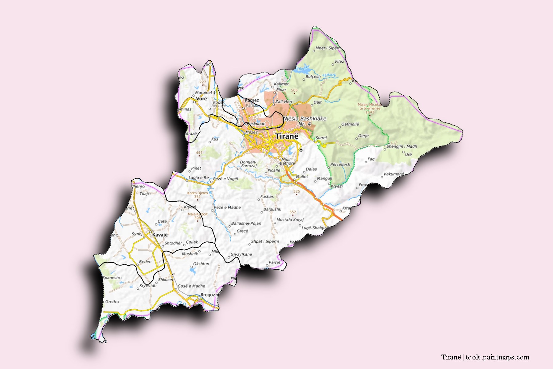 Mapa de Tiranë y sus distritos con efecto de sombra 3D