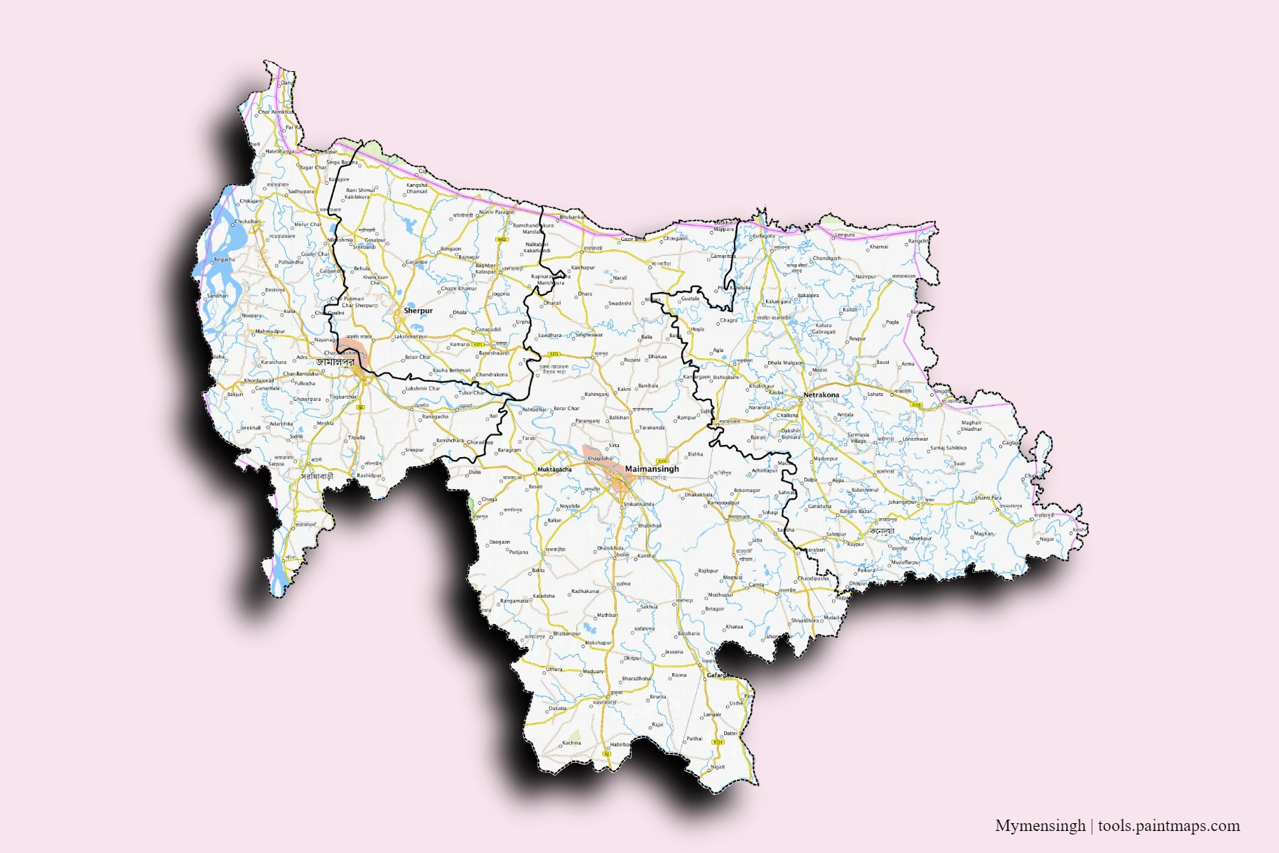 Mapa de Mymensingh y sus distritos con efecto de sombra 3D