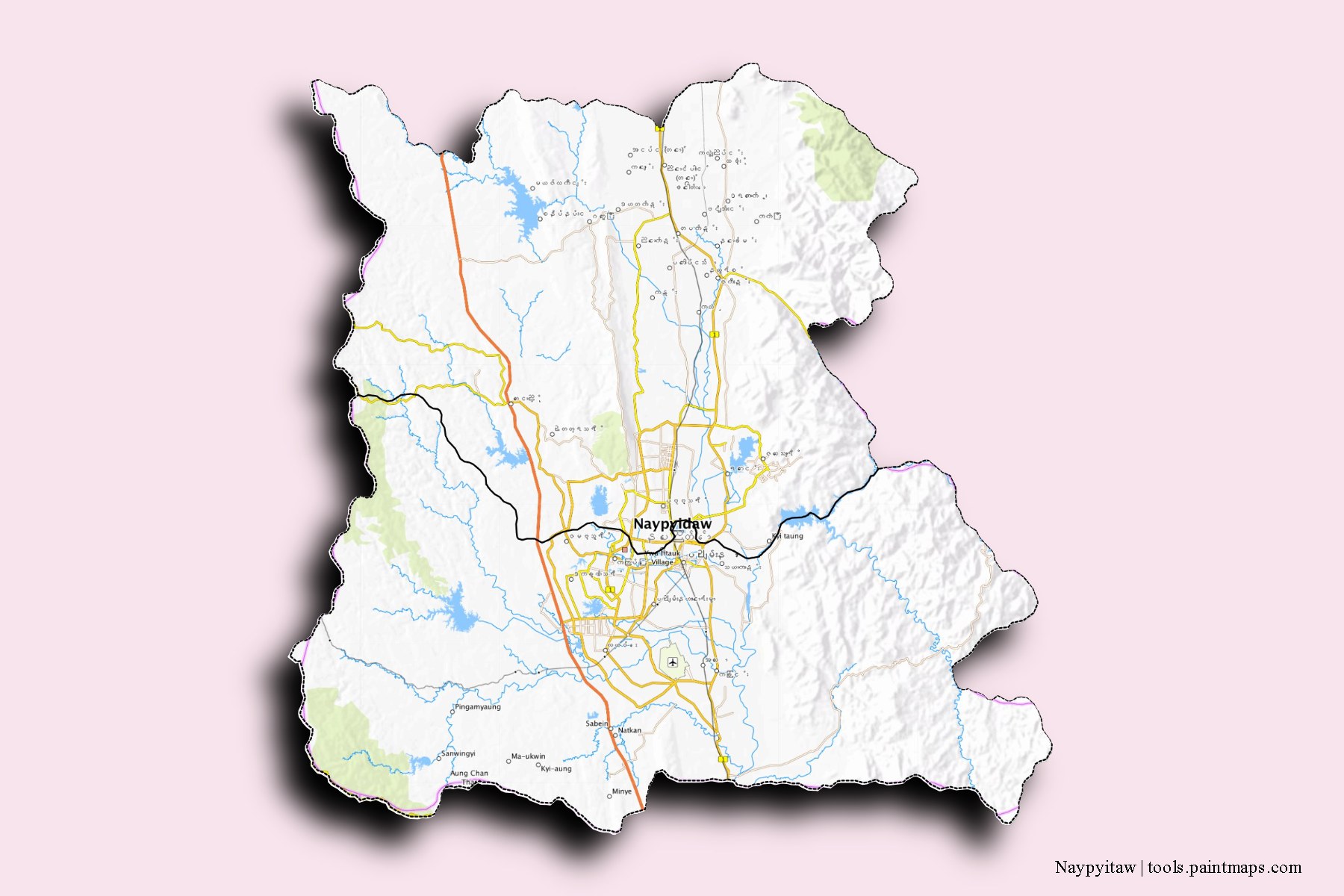 Naypyidaw and counties map with 3D shadow effect