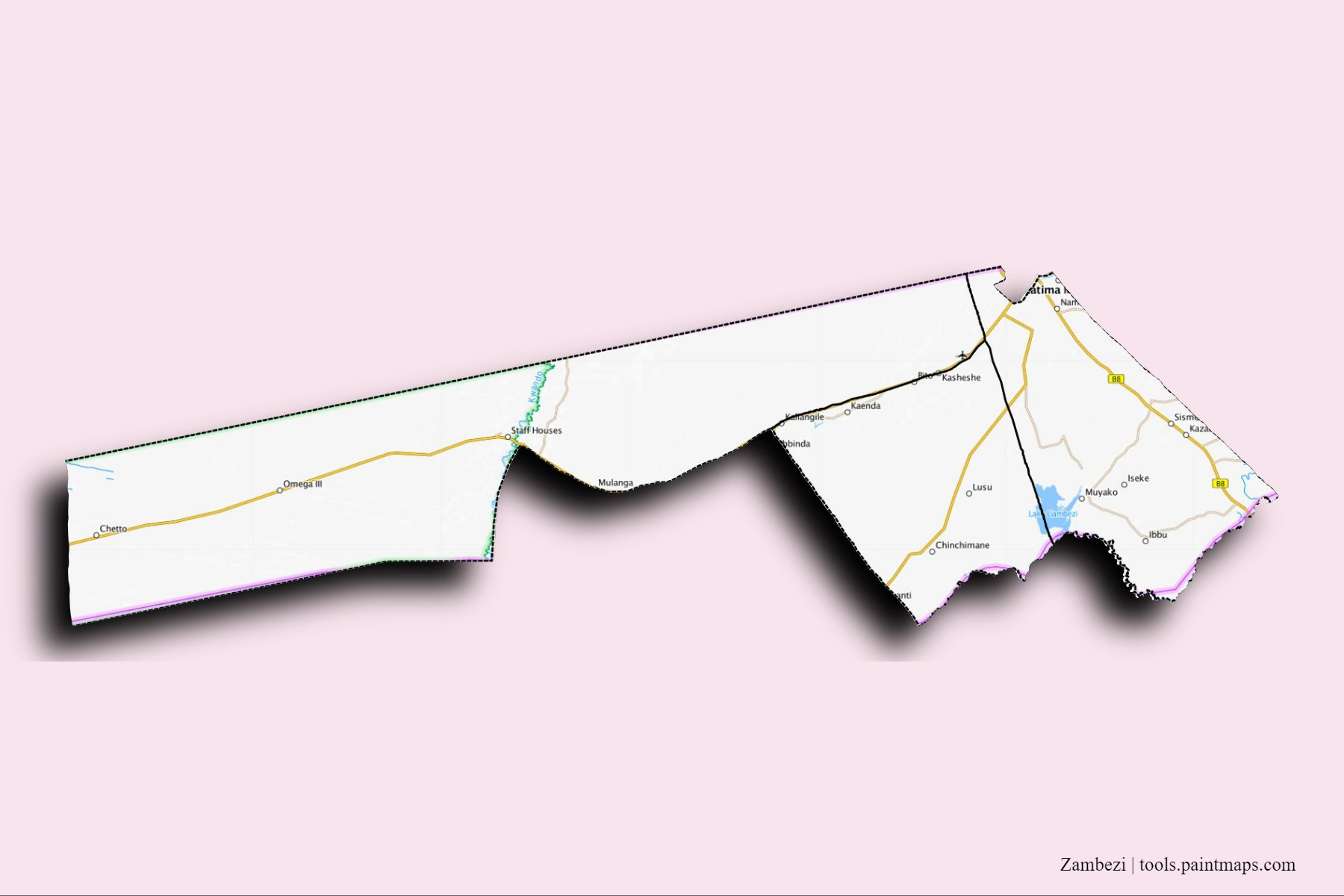 Mapa de Zambezi y sus distritos con efecto de sombra 3D