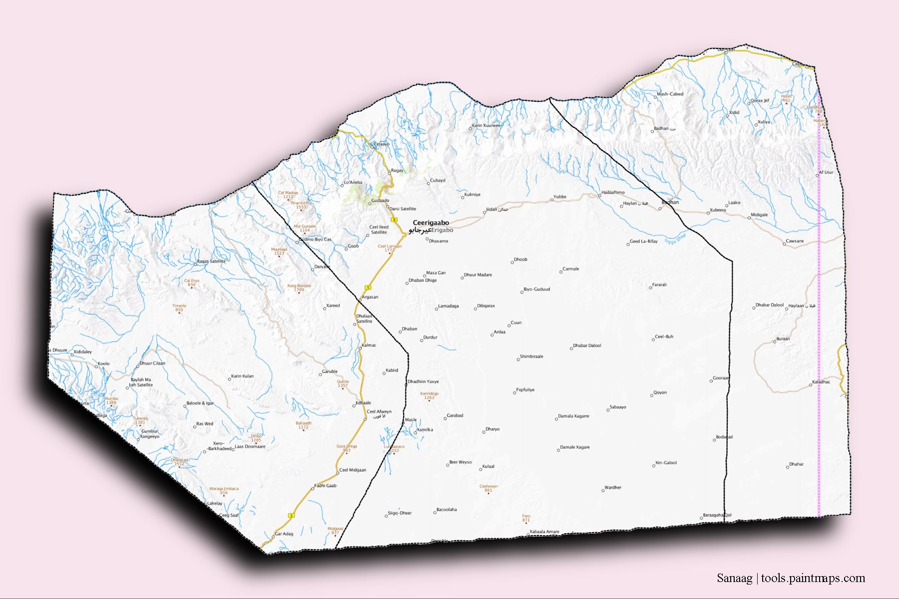 Mapa de Sanaag y sus distritos con efecto de sombra 3D