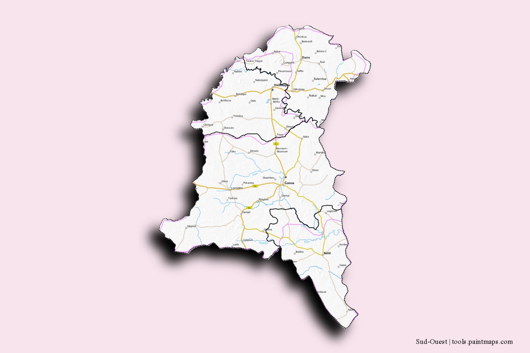 Sud-Ouest and counties map with 3D shadow effect