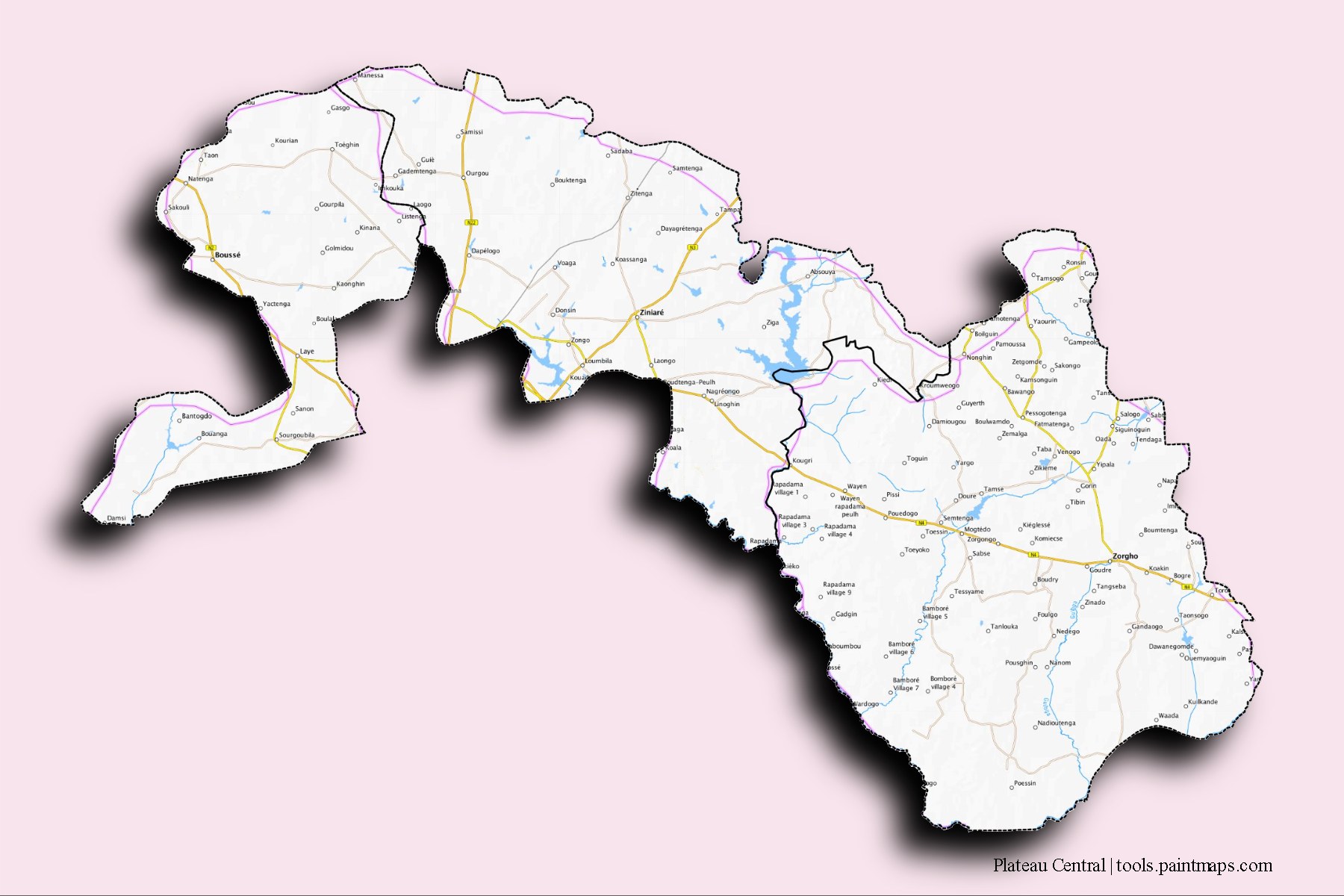 Plateau Central and counties map with 3D shadow effect