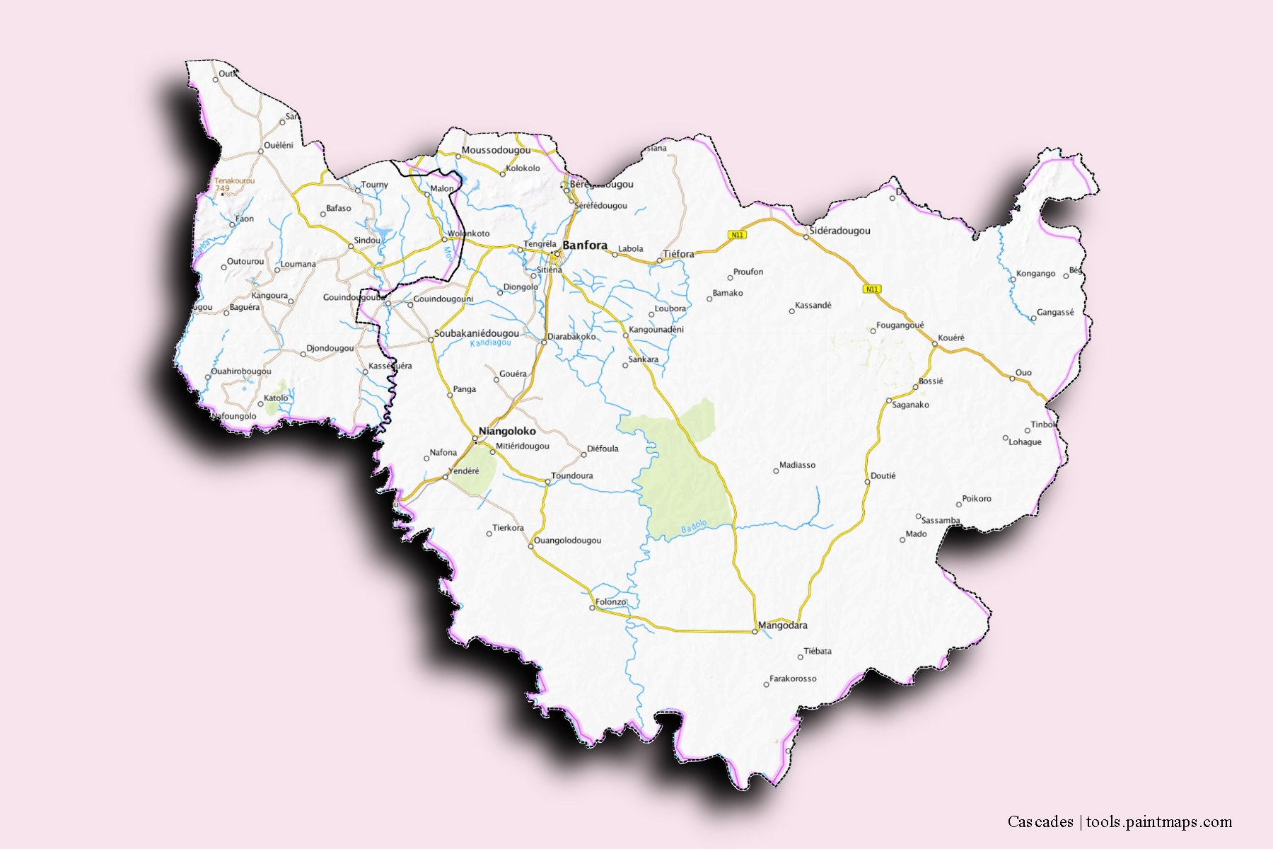 Cascades and counties map with 3D shadow effect