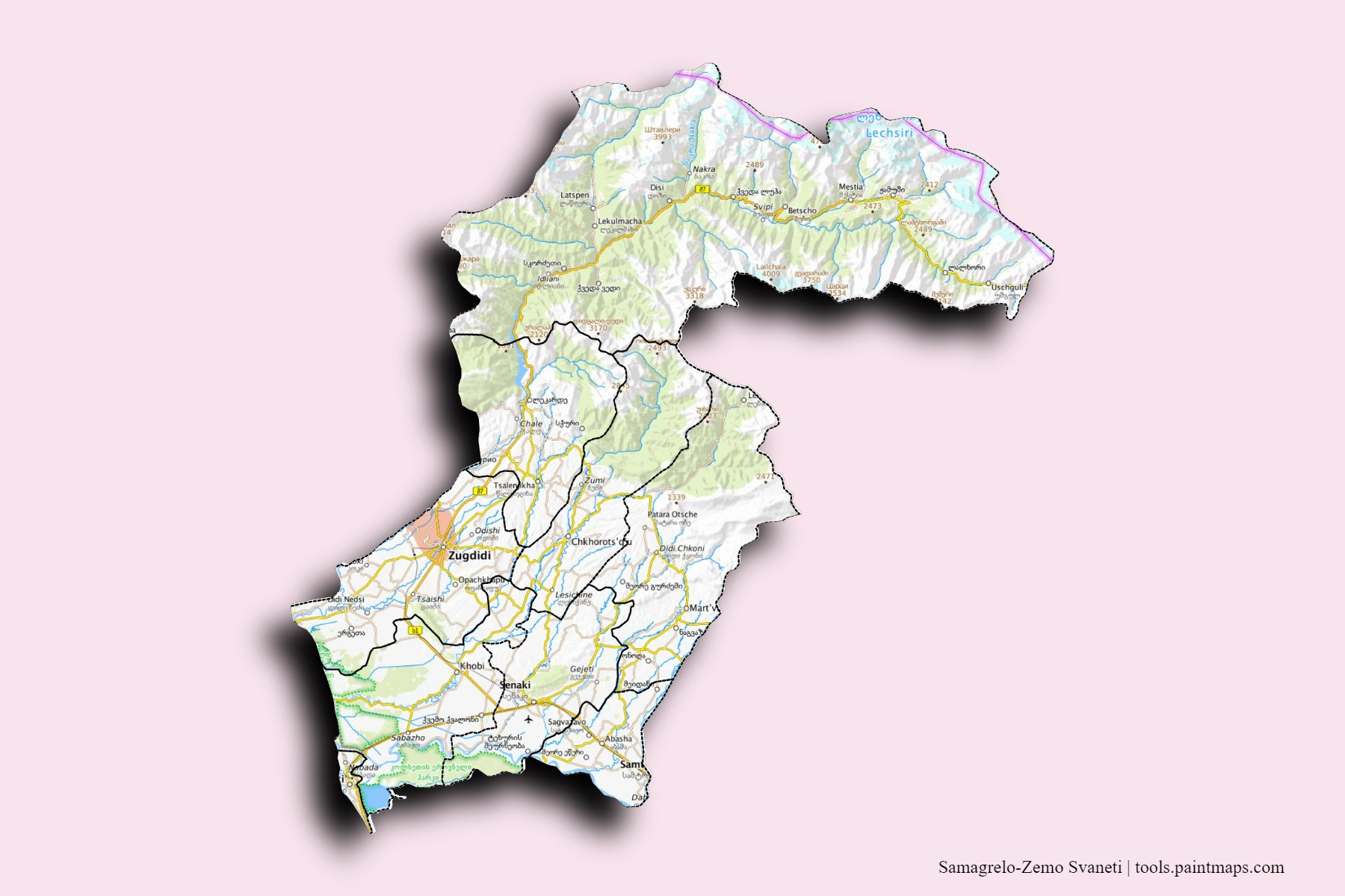 Samagrelo-Zemo Svaneti and counties map with 3D shadow effect