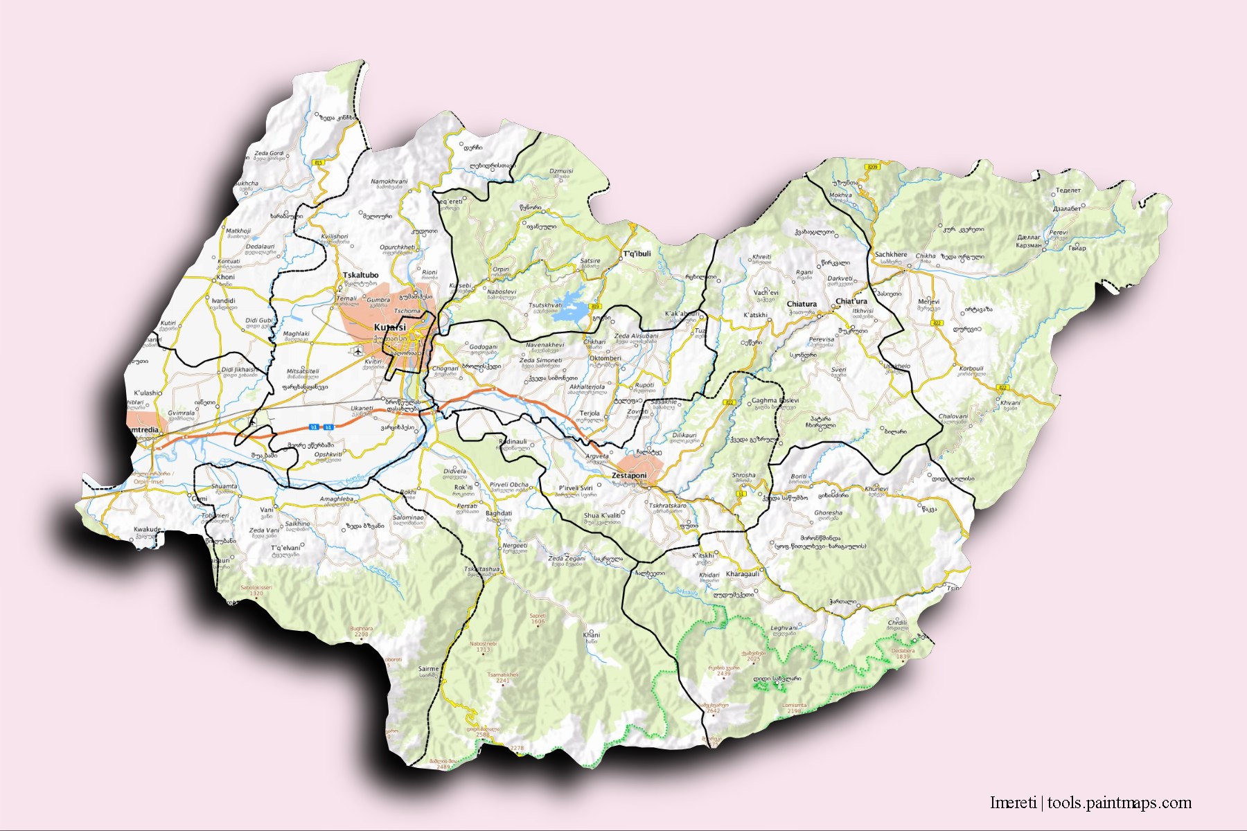 Mapa de Imereti y sus distritos con efecto de sombra 3D
