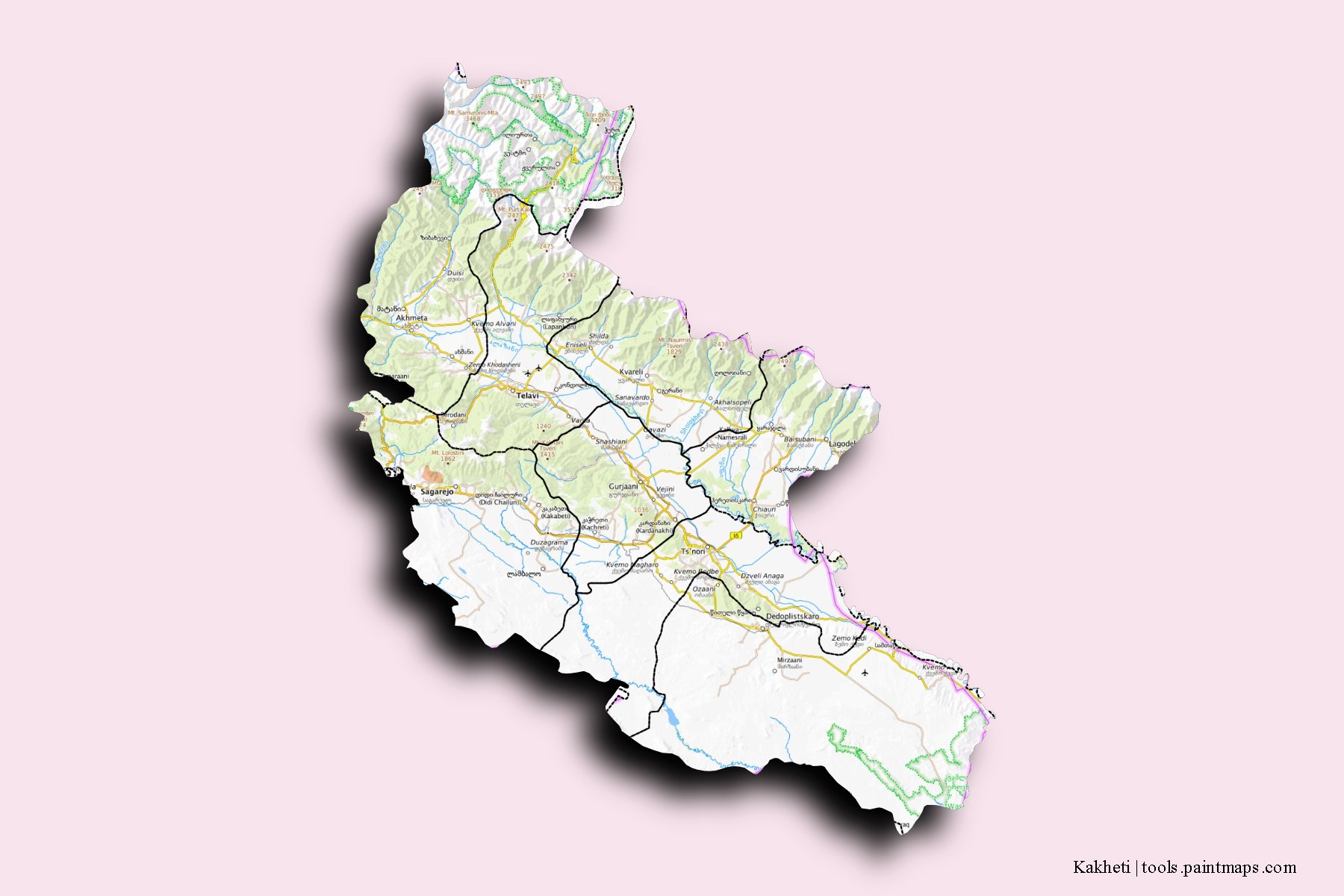 Mapa de Kakheti y sus distritos con efecto de sombra 3D