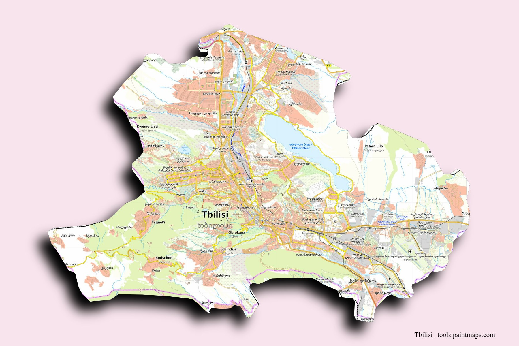 Tbilisi and counties map with 3D shadow effect