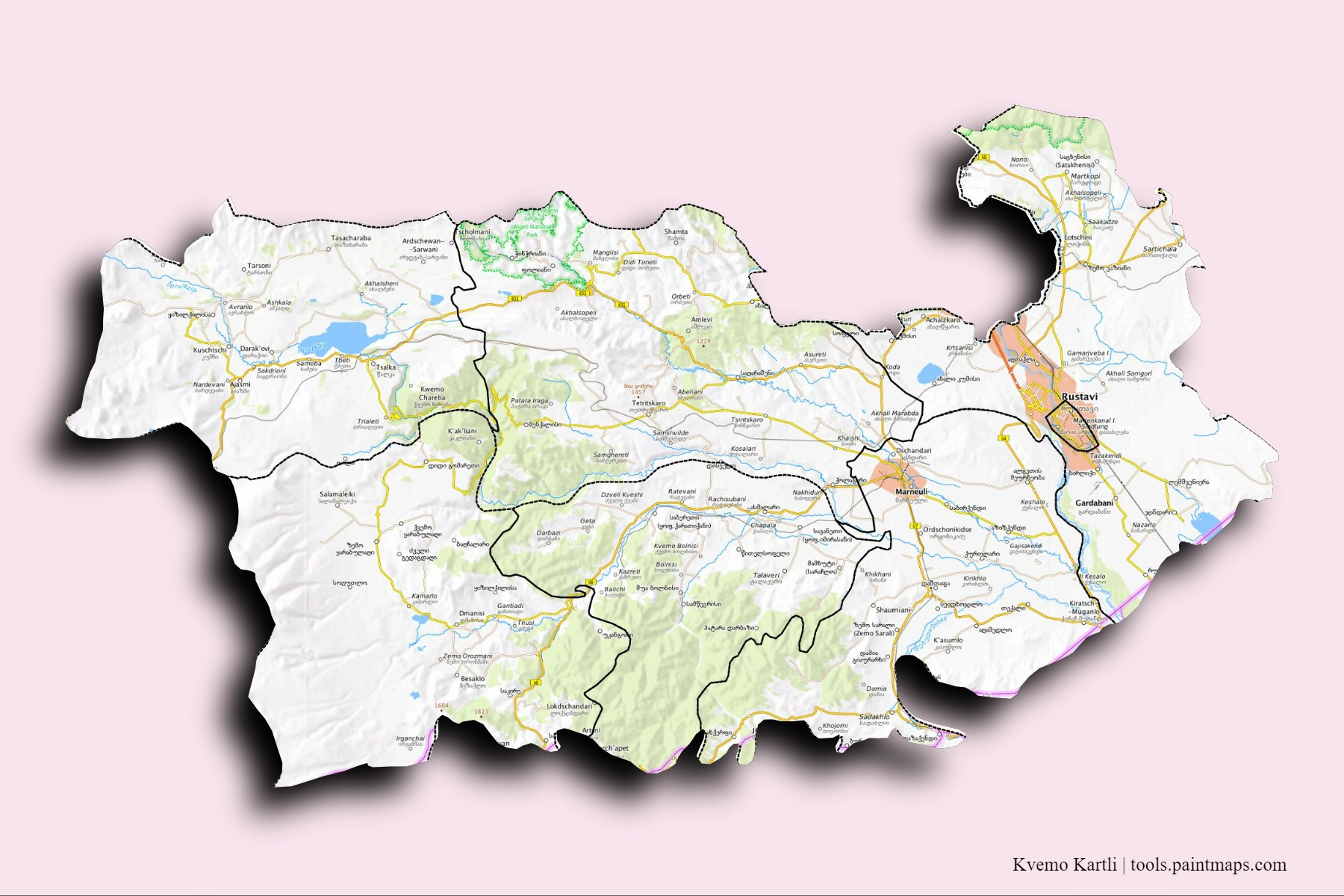 Mapa de Kvemo Kartli y sus distritos con efecto de sombra 3D