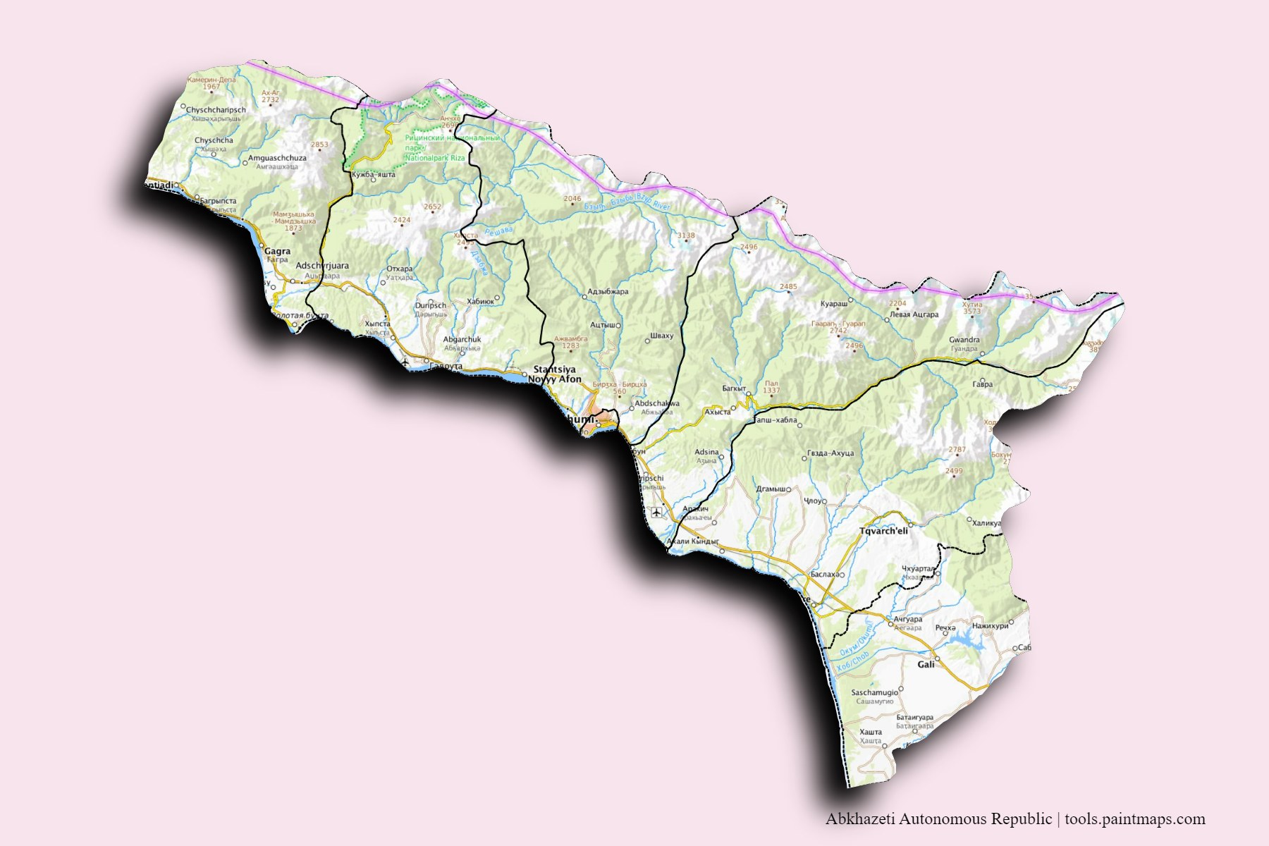 Mapa de Abkhazeti Autonomous Republic y sus distritos con efecto de sombra 3D