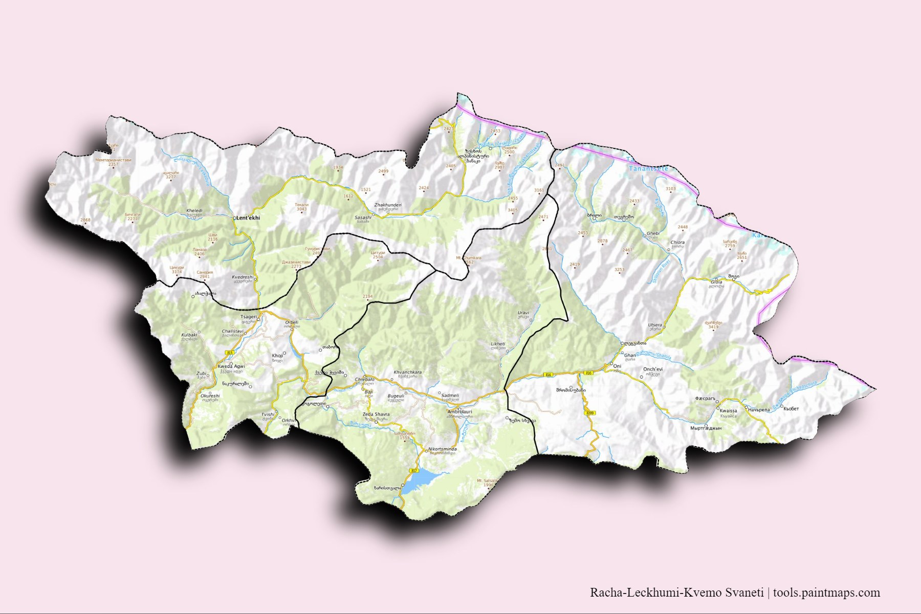 Racha-Lochkhumi-Kvemo Svaneti and counties map with 3D shadow effect