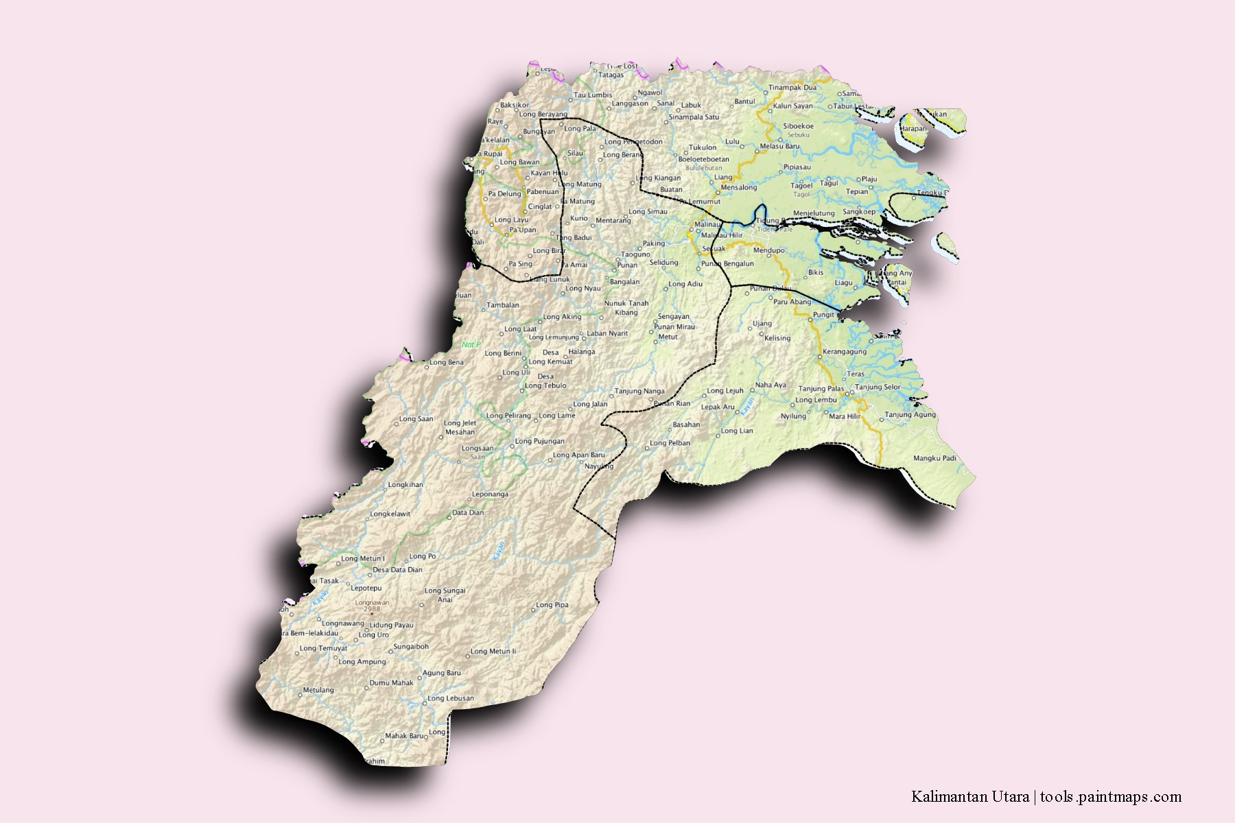 3D gölge efektli Kuzey Kalimantan ve ilçeleri haritası
