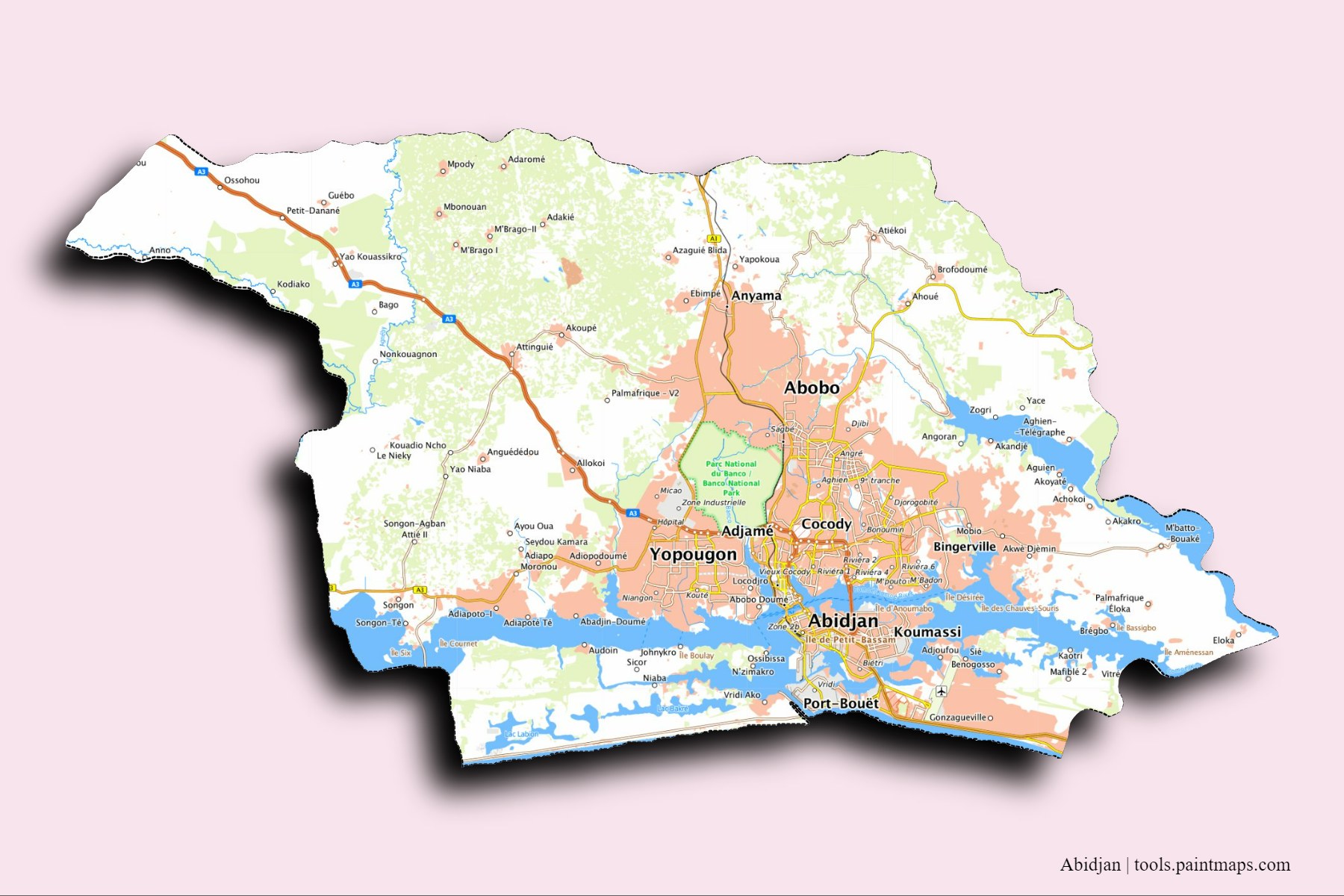 Mapa de Abidjan y sus distritos con efecto de sombra 3D