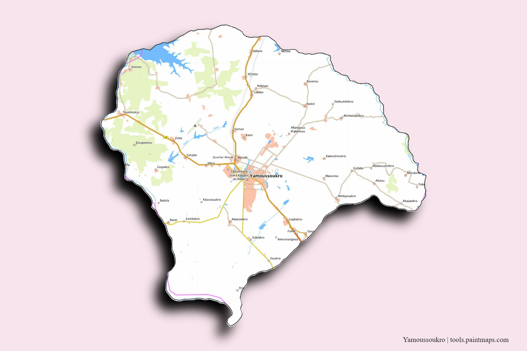 Yamoussoukro and counties map with 3D shadow effect