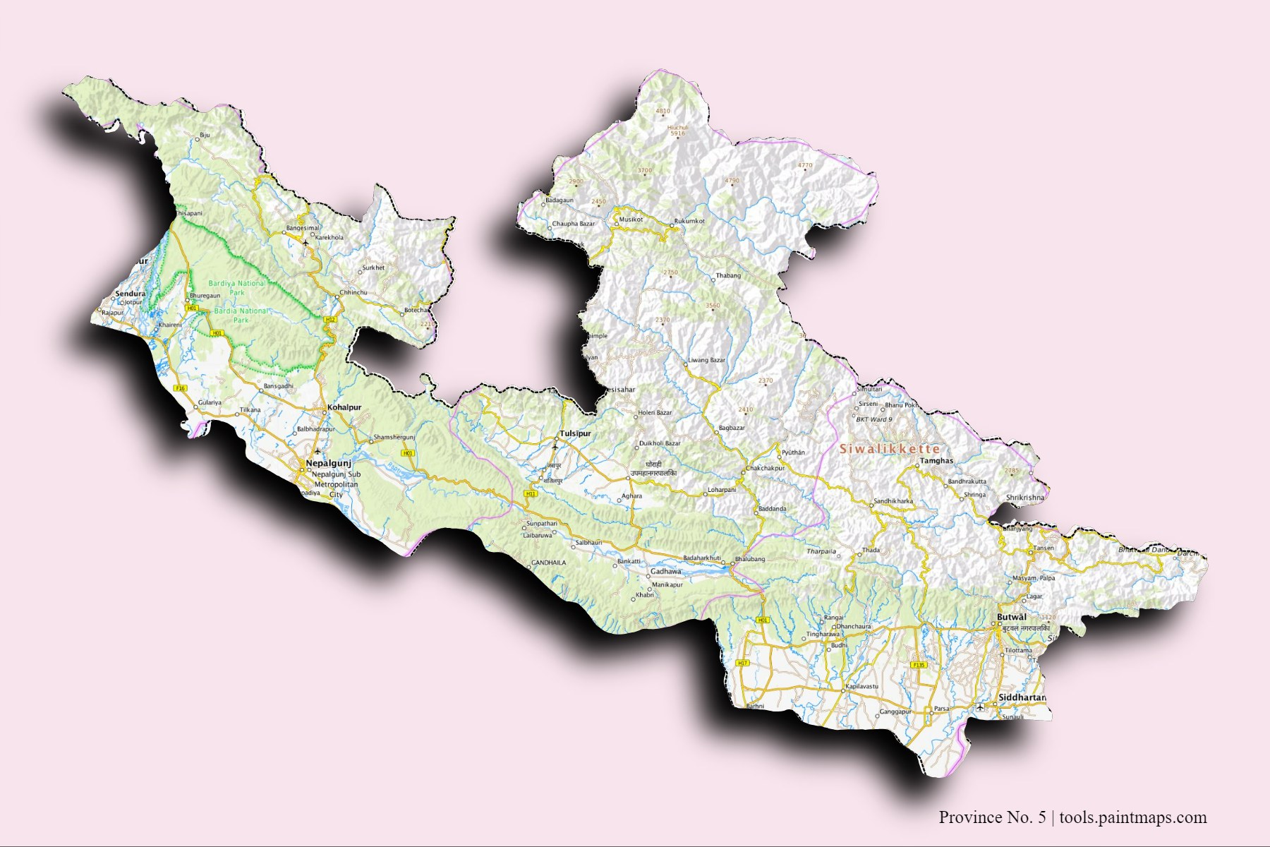 Five and counties map with 3D shadow effect