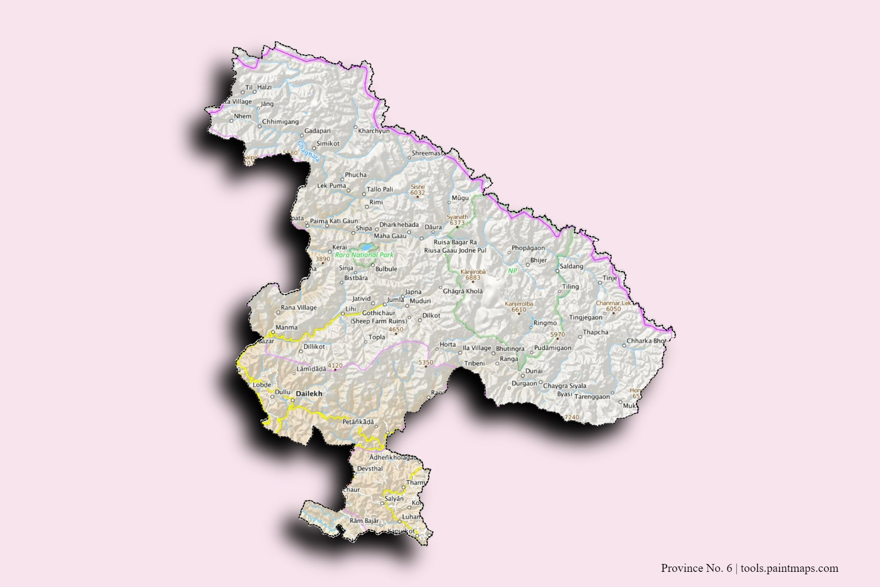 Mapa de Province No. 6 y sus distritos con efecto de sombra 3D