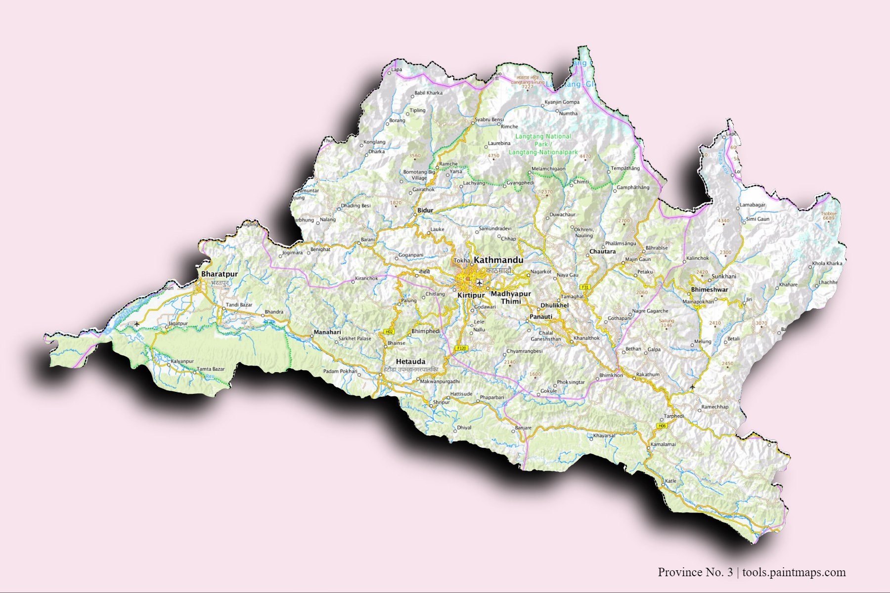 Mapa de Province No. 3 y sus distritos con efecto de sombra 3D