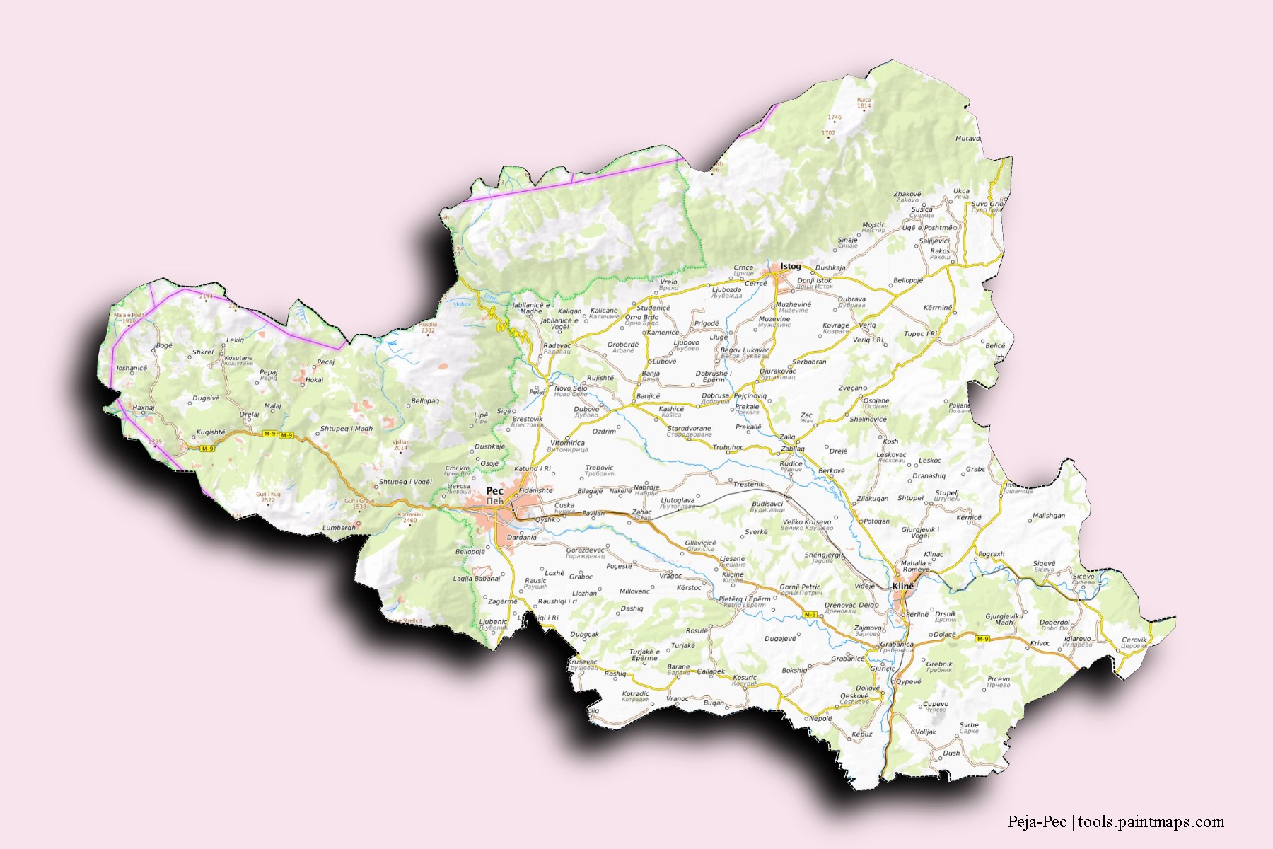 Mapa de Peja-Pec y sus distritos con efecto de sombra 3D