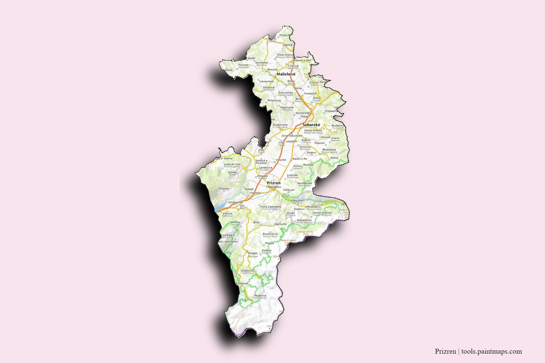 Prizren and counties map with 3D shadow effect