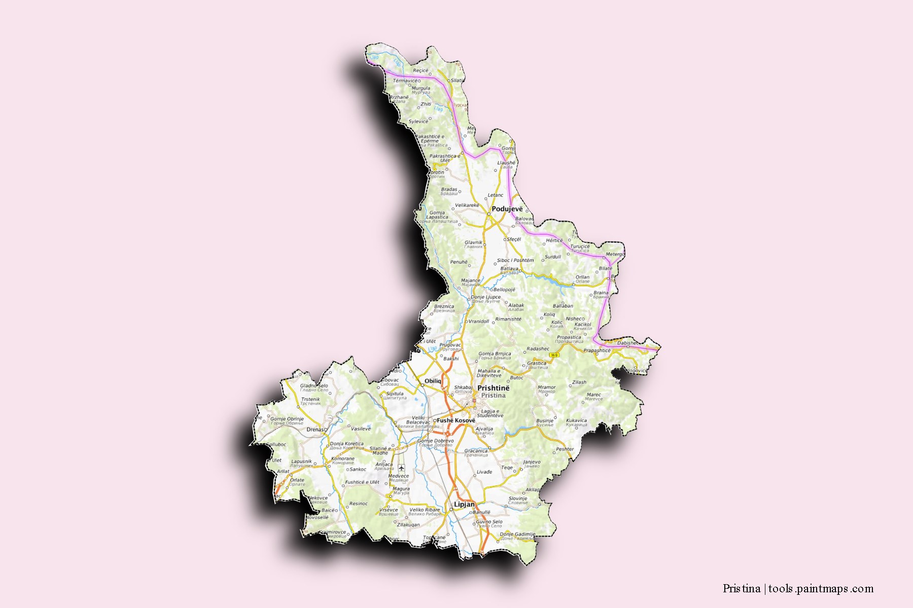 Mapa de Pristina y sus distritos con efecto de sombra 3D