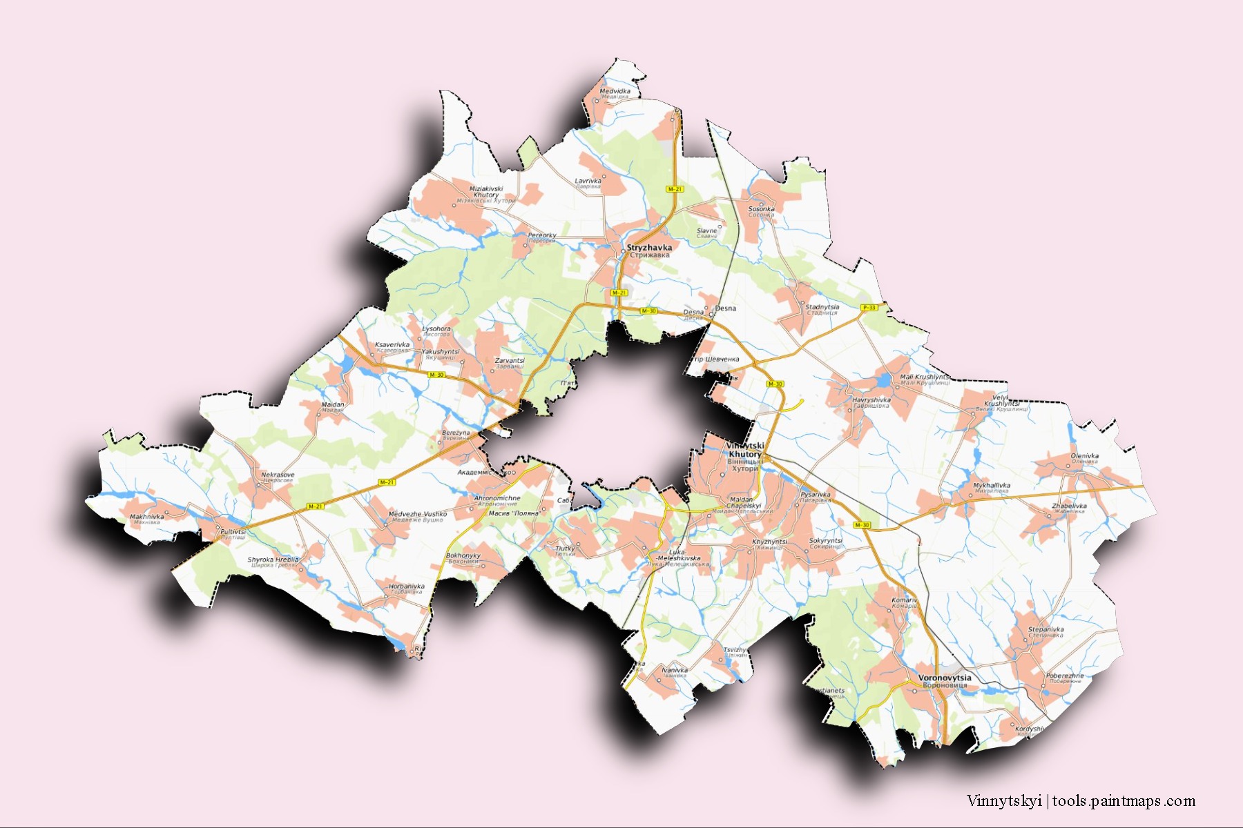 Mapa de barrios y pueblos de Vinnytskyi con efecto de sombra 3D