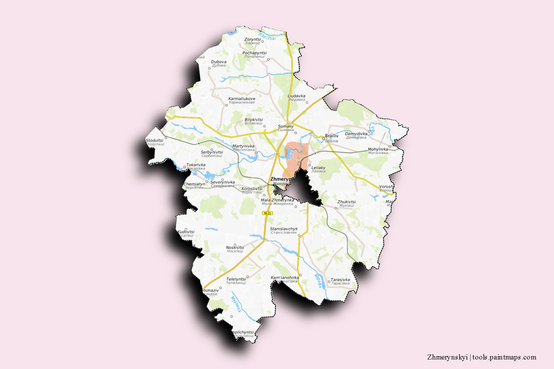 Mapa de barrios y pueblos de Zhmerynskyi con efecto de sombra 3D