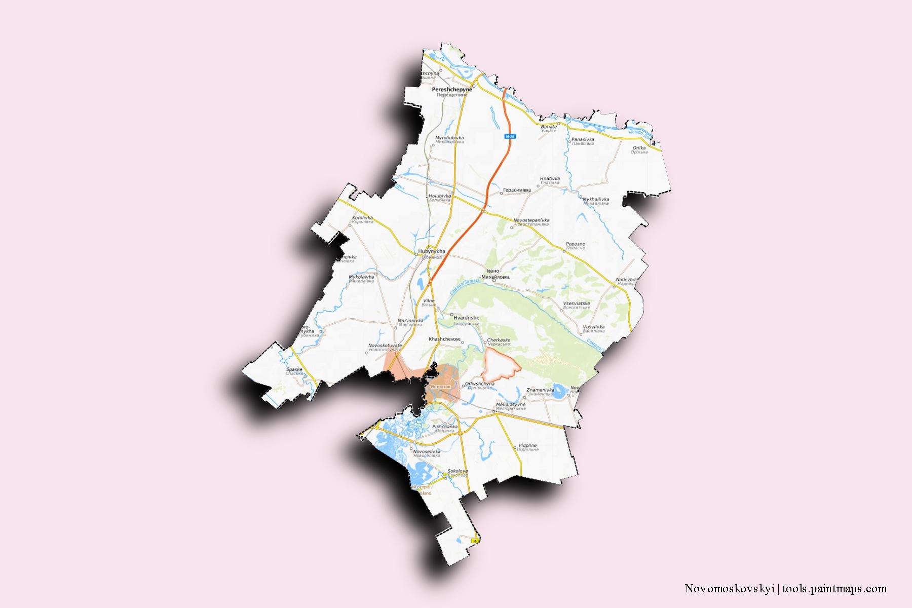 Mapa de barrios y pueblos de Novomoskovskyi con efecto de sombra 3D