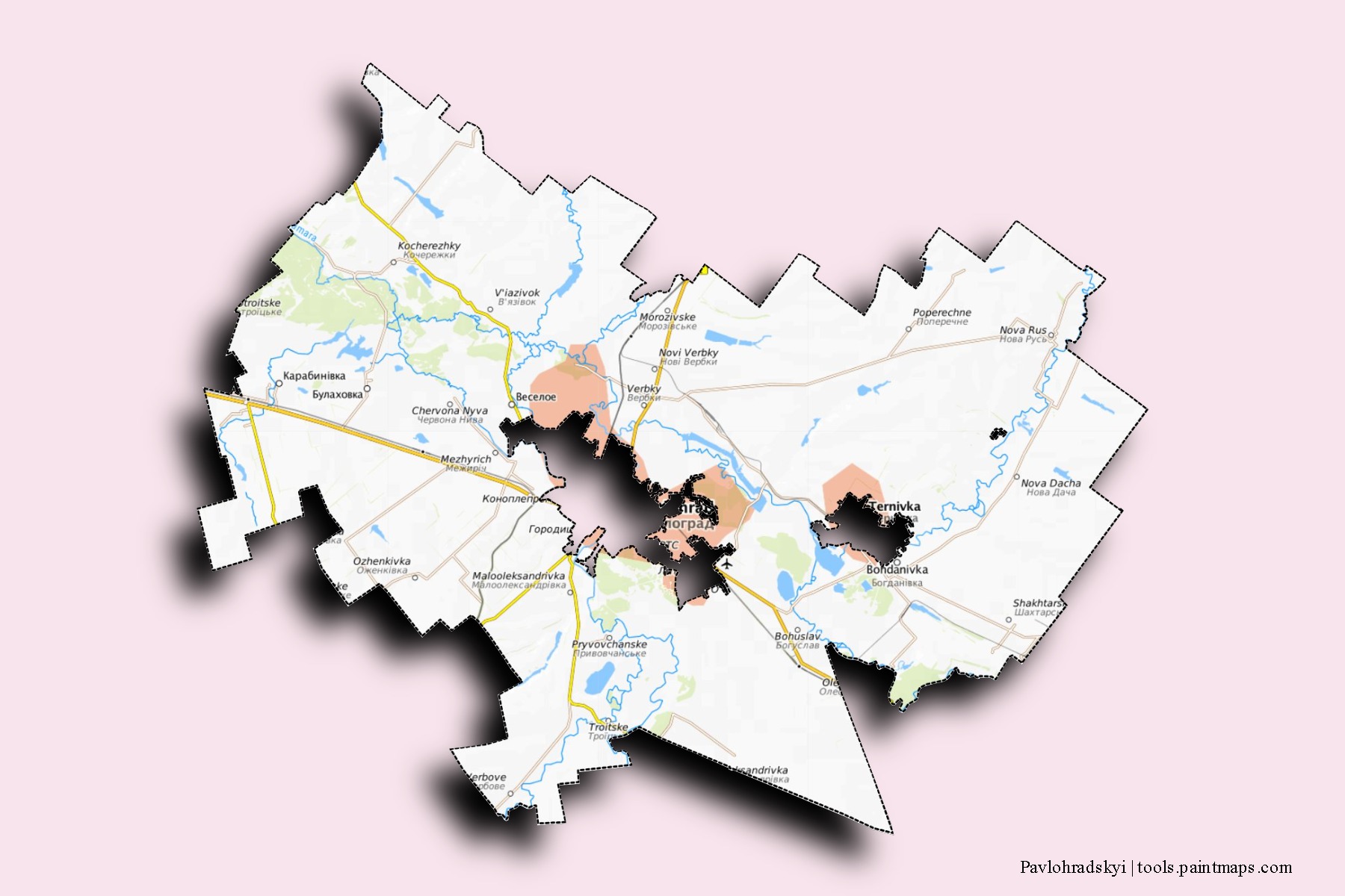 Pavlohradskyi neighborhoods and villages map with 3D shadow effect