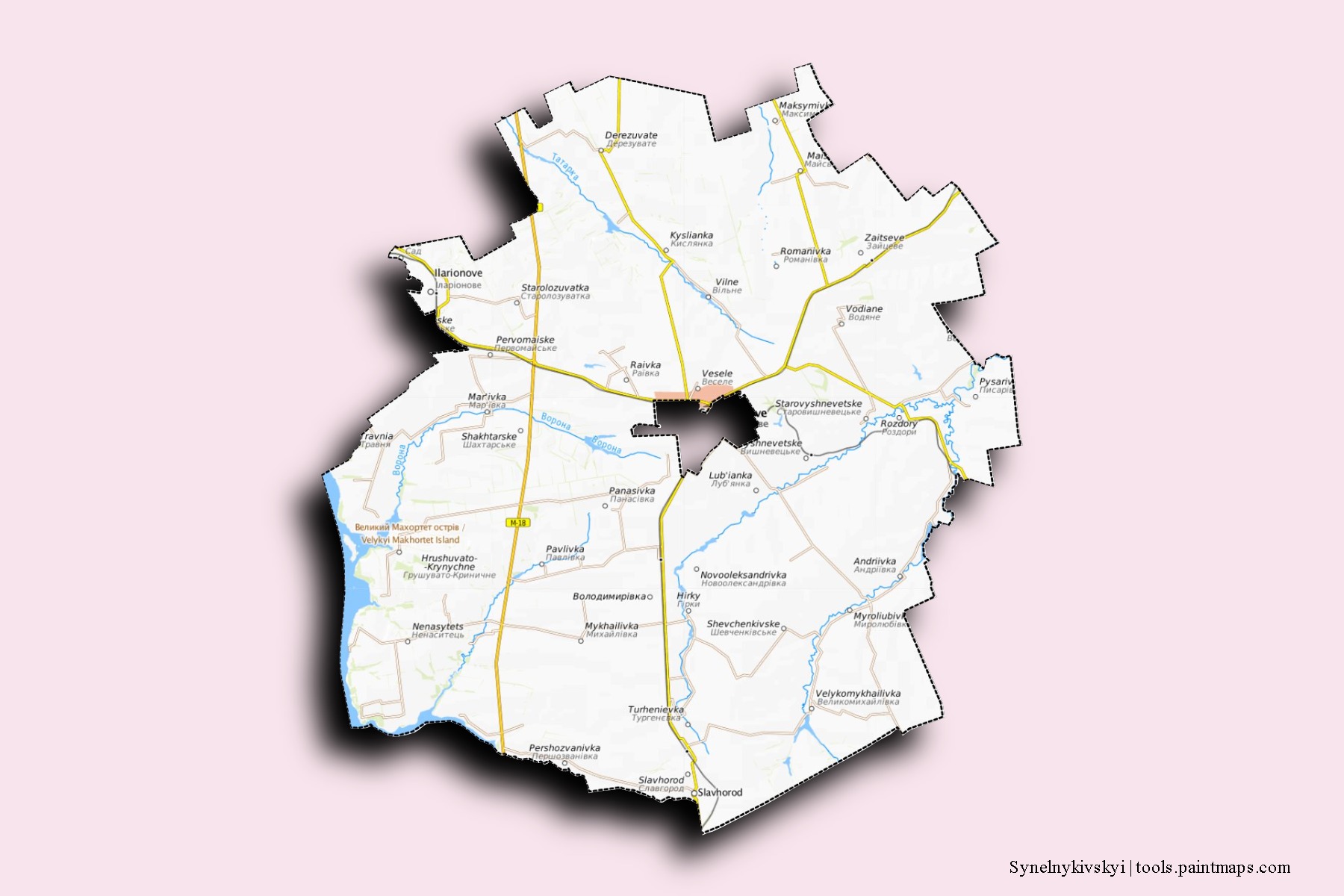 Mapa de barrios y pueblos de Synelnykivskyi con efecto de sombra 3D