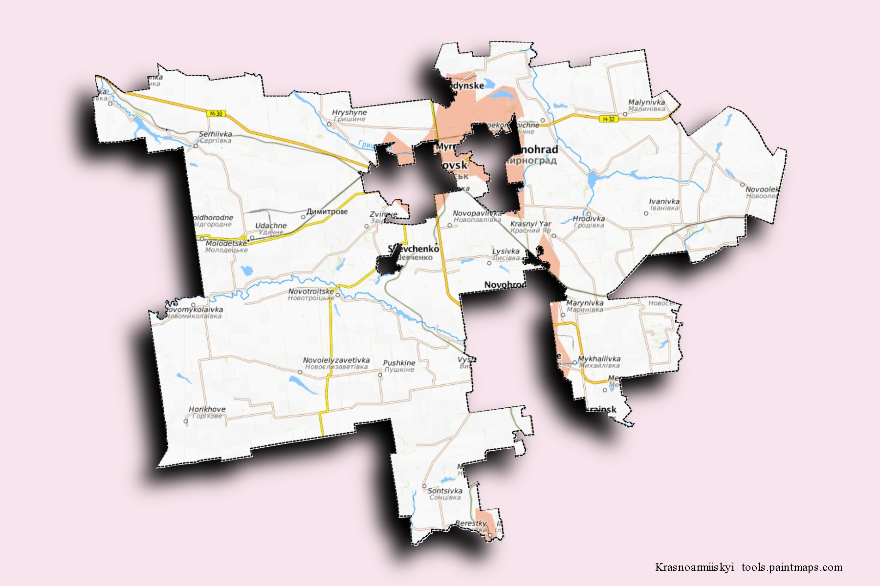 Mapa de barrios y pueblos de Krasnoarmiiskyi con efecto de sombra 3D