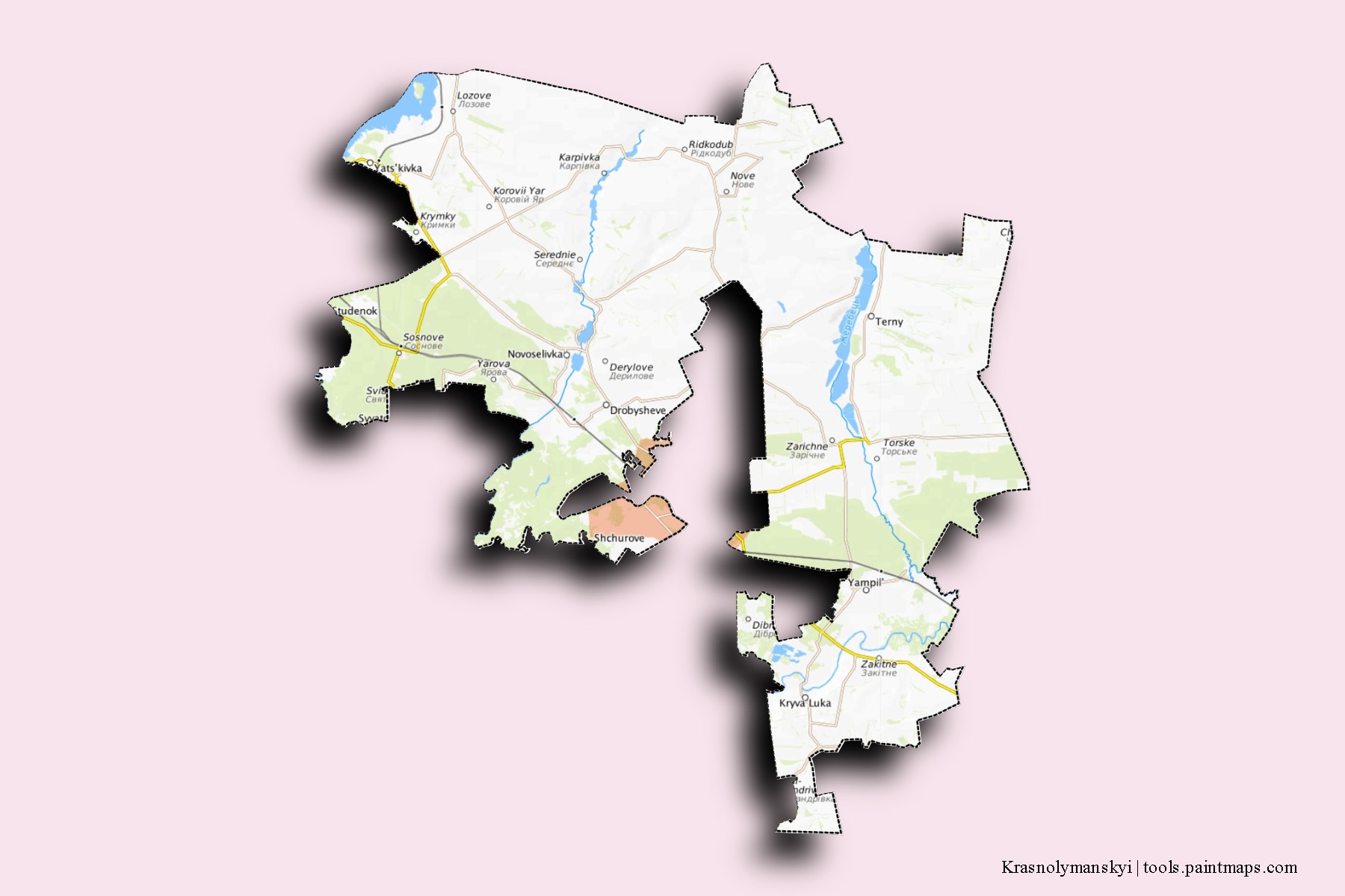 Mapa de barrios y pueblos de Krasnolymanskyi con efecto de sombra 3D