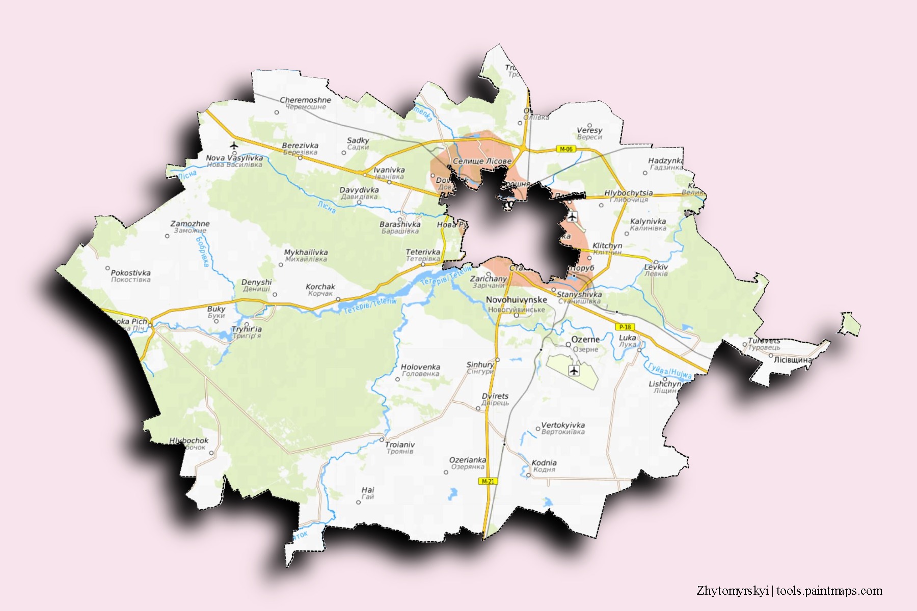 Mapa de barrios y pueblos de Zhytomyrskyi con efecto de sombra 3D