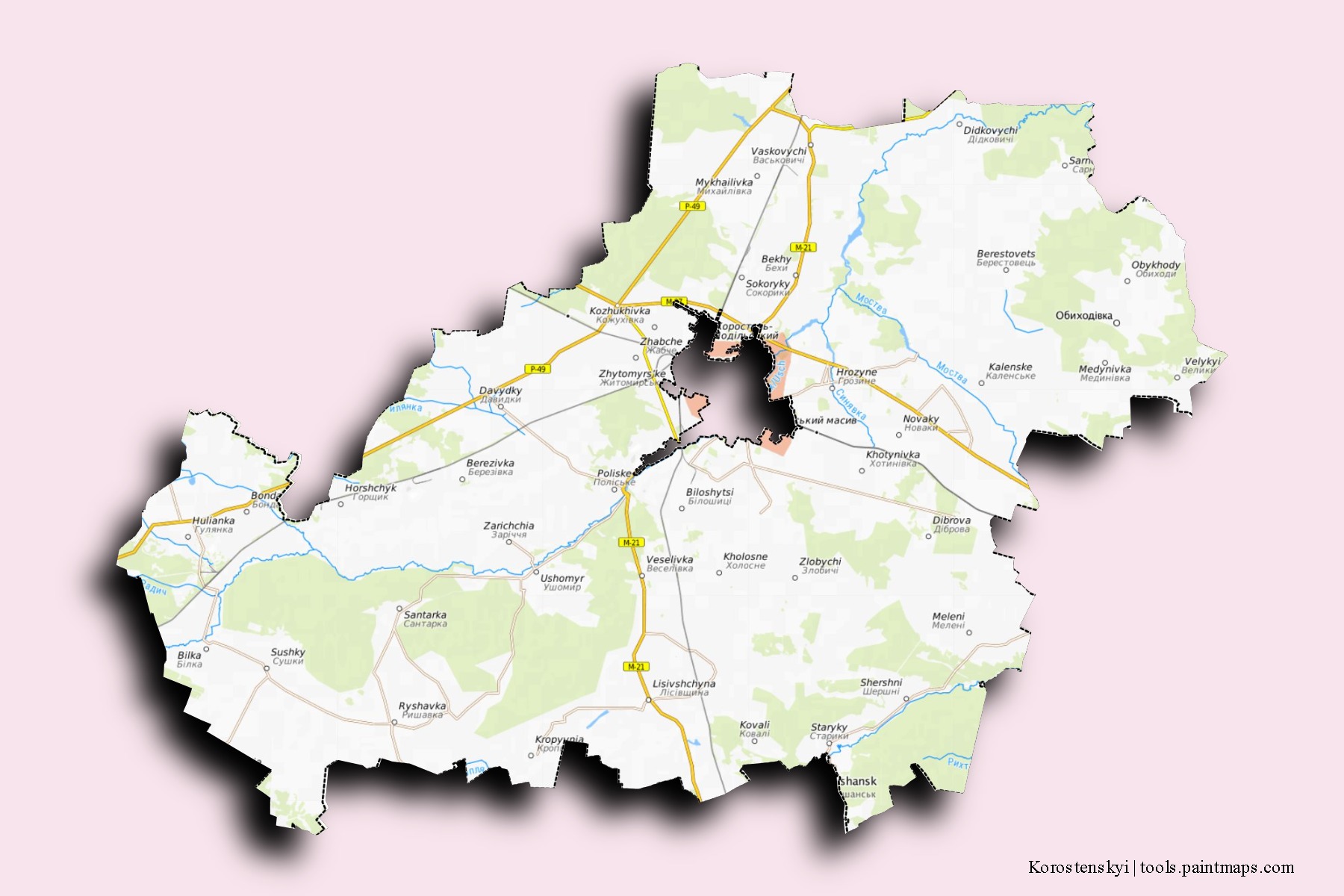 Mapa de barrios y pueblos de Korostenskyi con efecto de sombra 3D