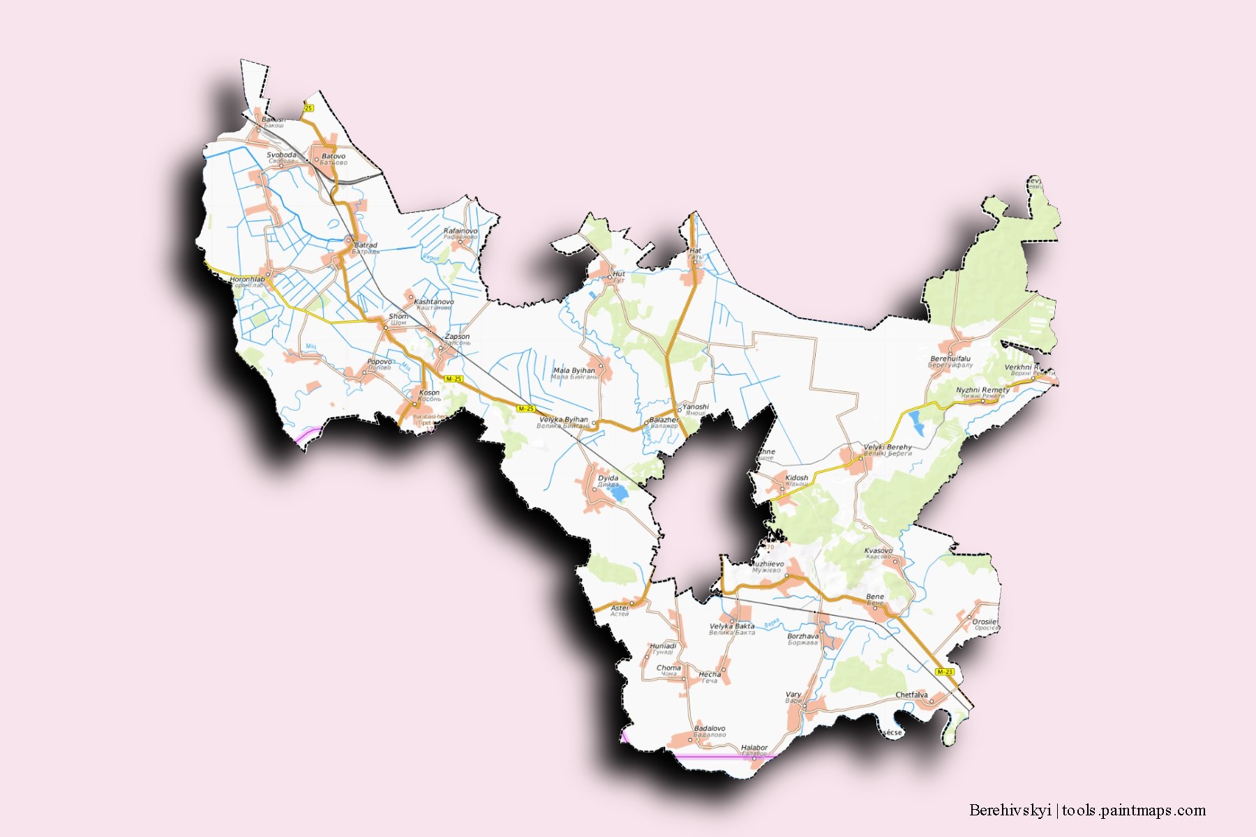 Mapa de barrios y pueblos de Berehivskyi con efecto de sombra 3D